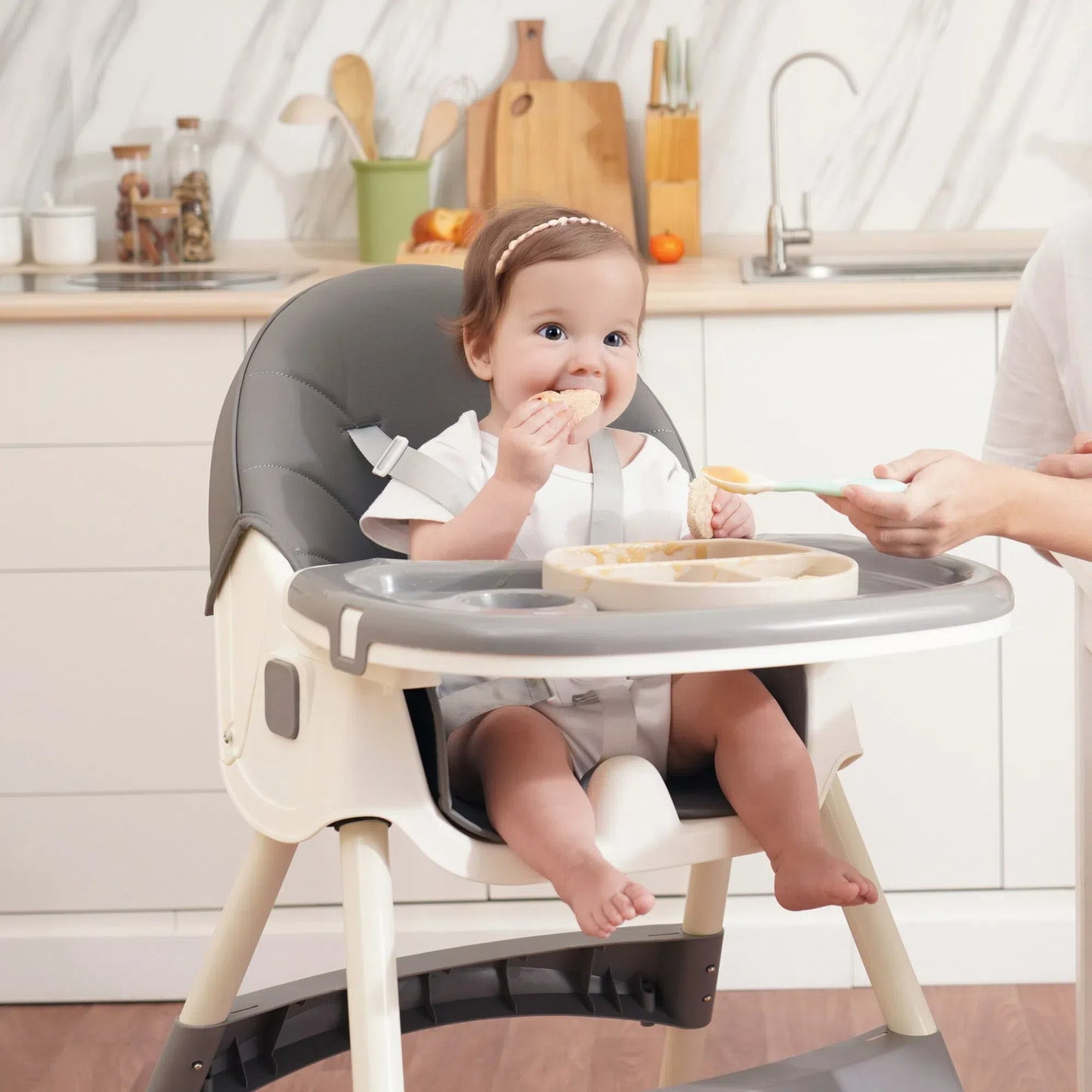 Aprpink 6-in-1 Baby Convertible High Chair with 5-Point PU Safety Harness, Gray/Pink Striped, 1 Piece