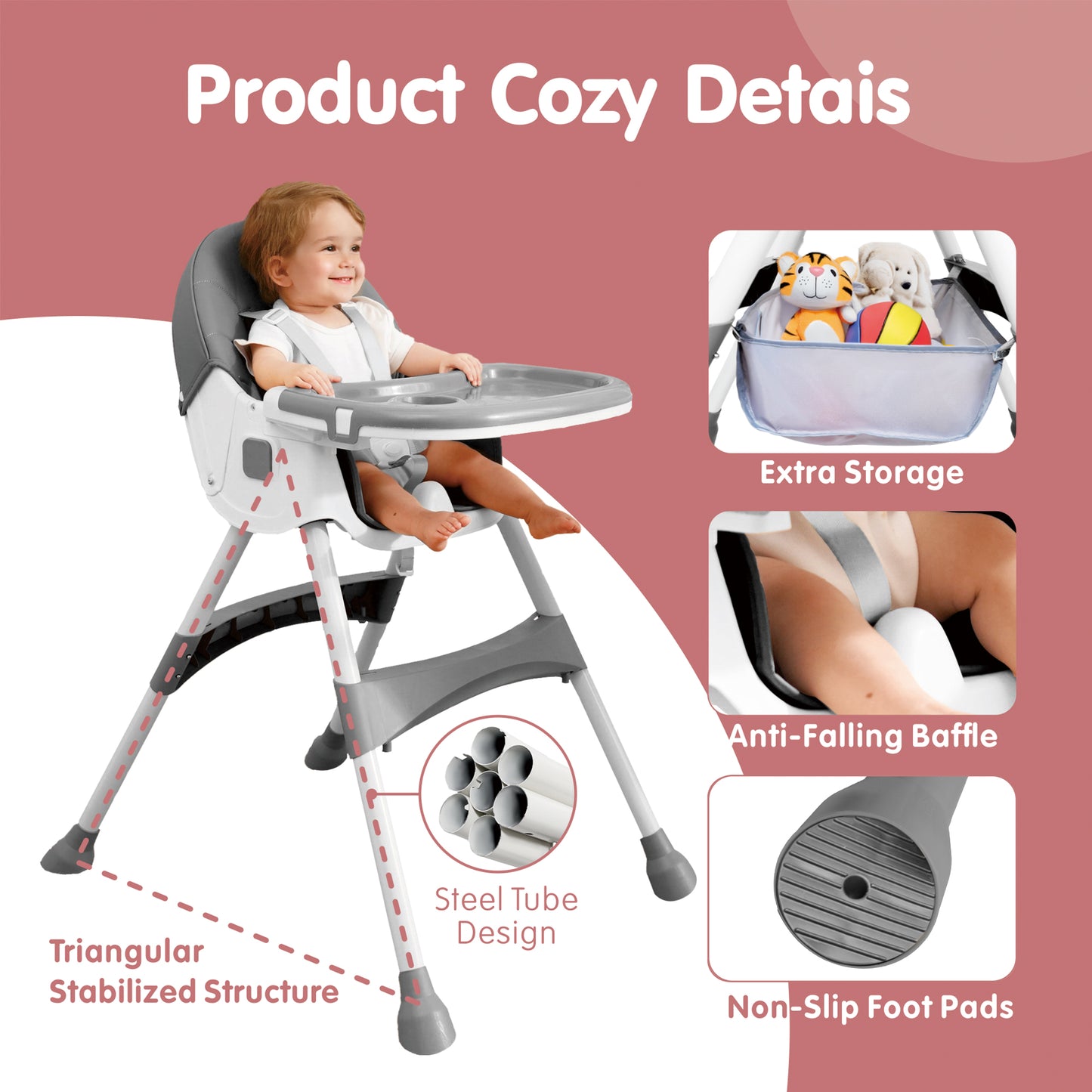 Aprpink 6 in 1 Baby Convertible High Chair Seat with 5 Point PU Safety Harness Gray Striped