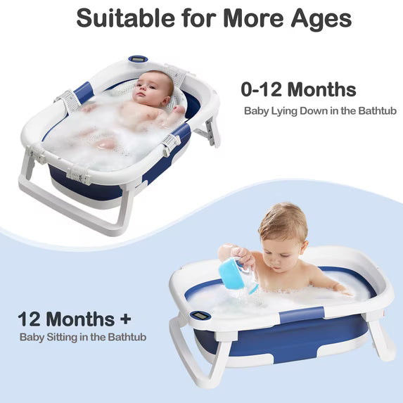 Aprpink Foldable Baby Bathtub PP+TPE with Soft Bath Net&Thermometer for 0-36 Months Toddler Blue