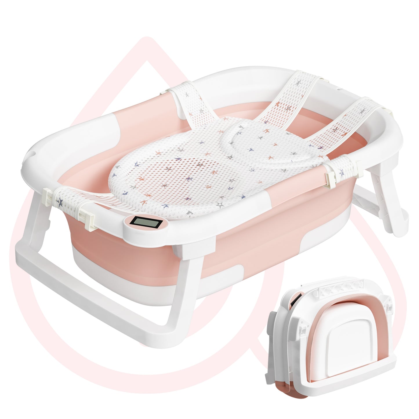 Aprpink Foldable Baby PP+TPE Bathtub with Soft Cushion&Thermometer for 0-36 Months Toddler Gray/Pink/Blue/Green/Dark Pink/Turquoise/Light Blue