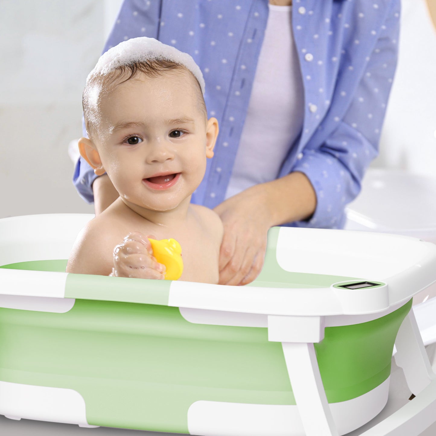 Aprpink Foldable Baby PP+TPE Bathtub with Soft Cushion&Thermometer for 0-36 Months Toddler Green