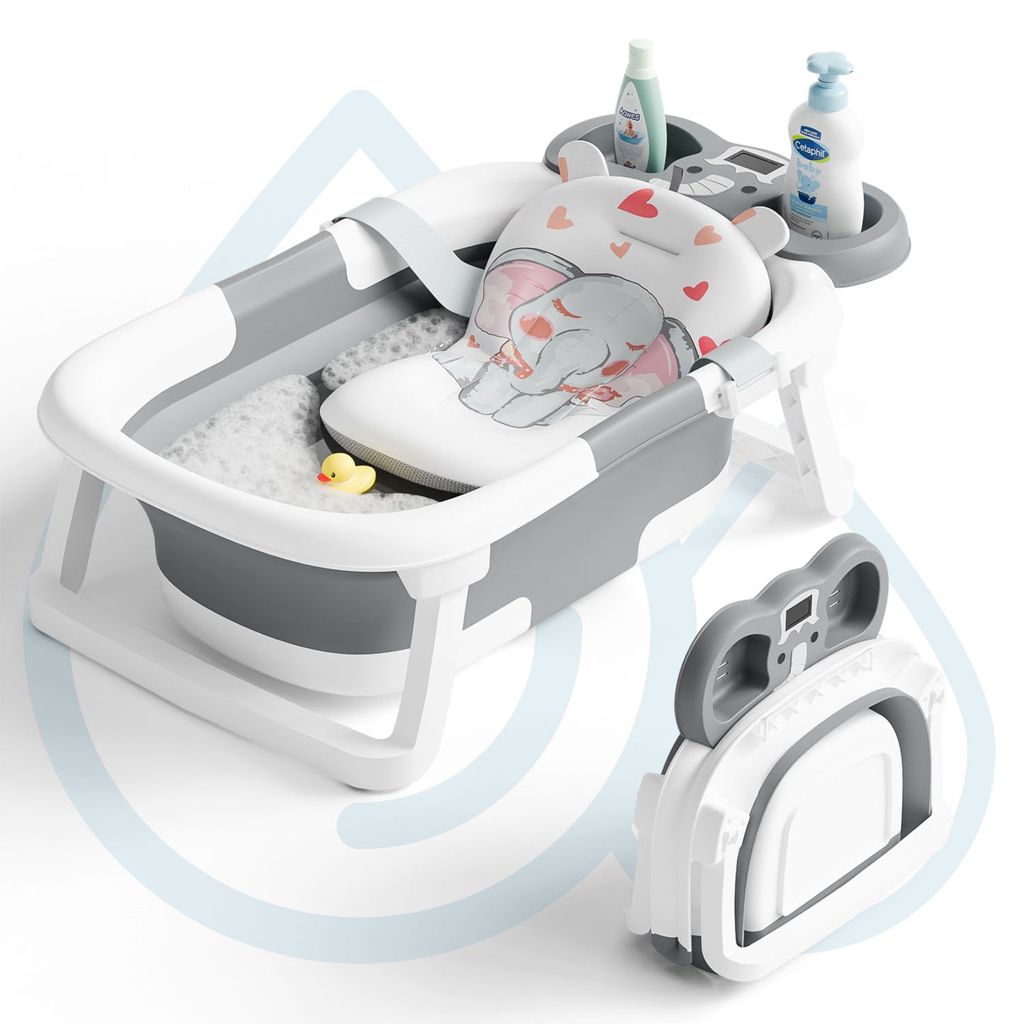 Aprpink Foldable Baby Bathtub Elephant PP+TPE with Soft Cushion&Thermometer for 0-36 Months Toddler Blue/Gray/Pink
