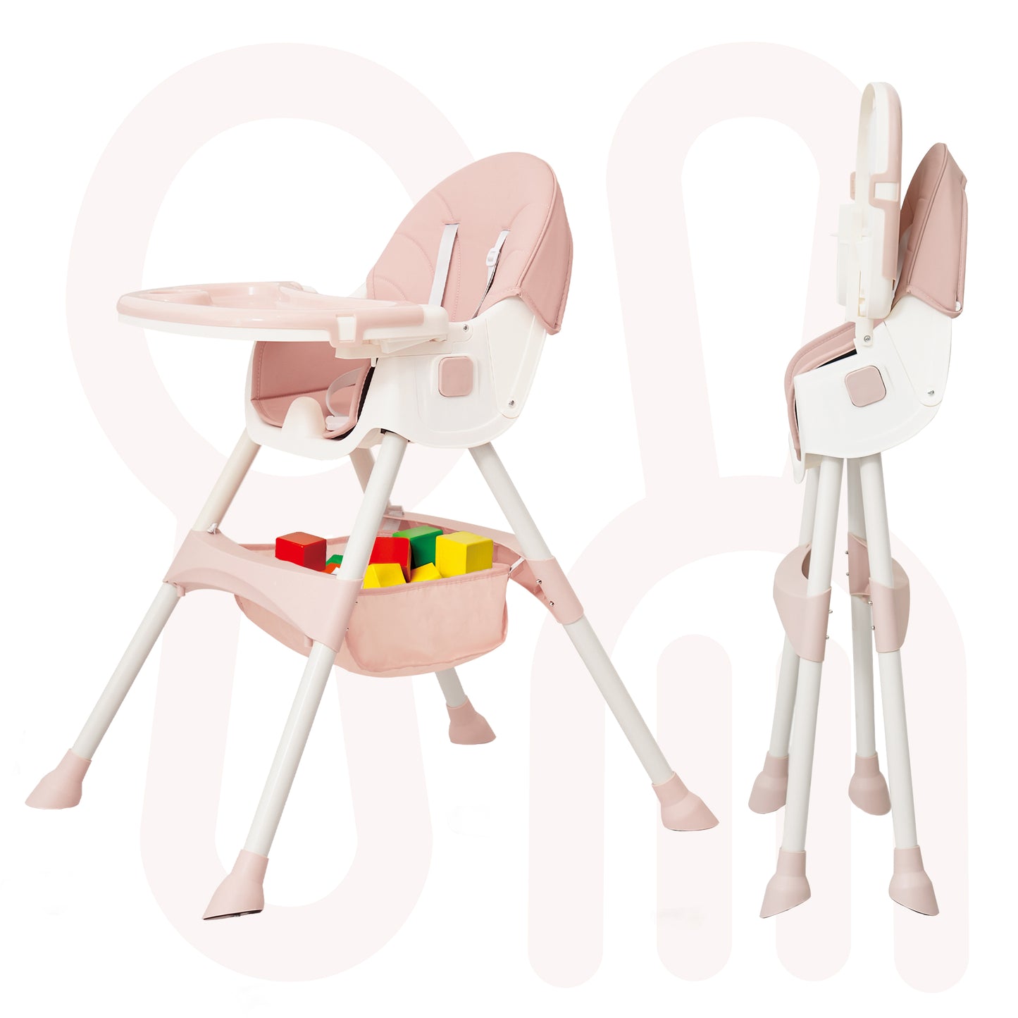 Aprpink 6-in-1 Baby Convertible High Chair with 5-Point PU Safety Harness, Gray/Pink Striped, 1 Piece