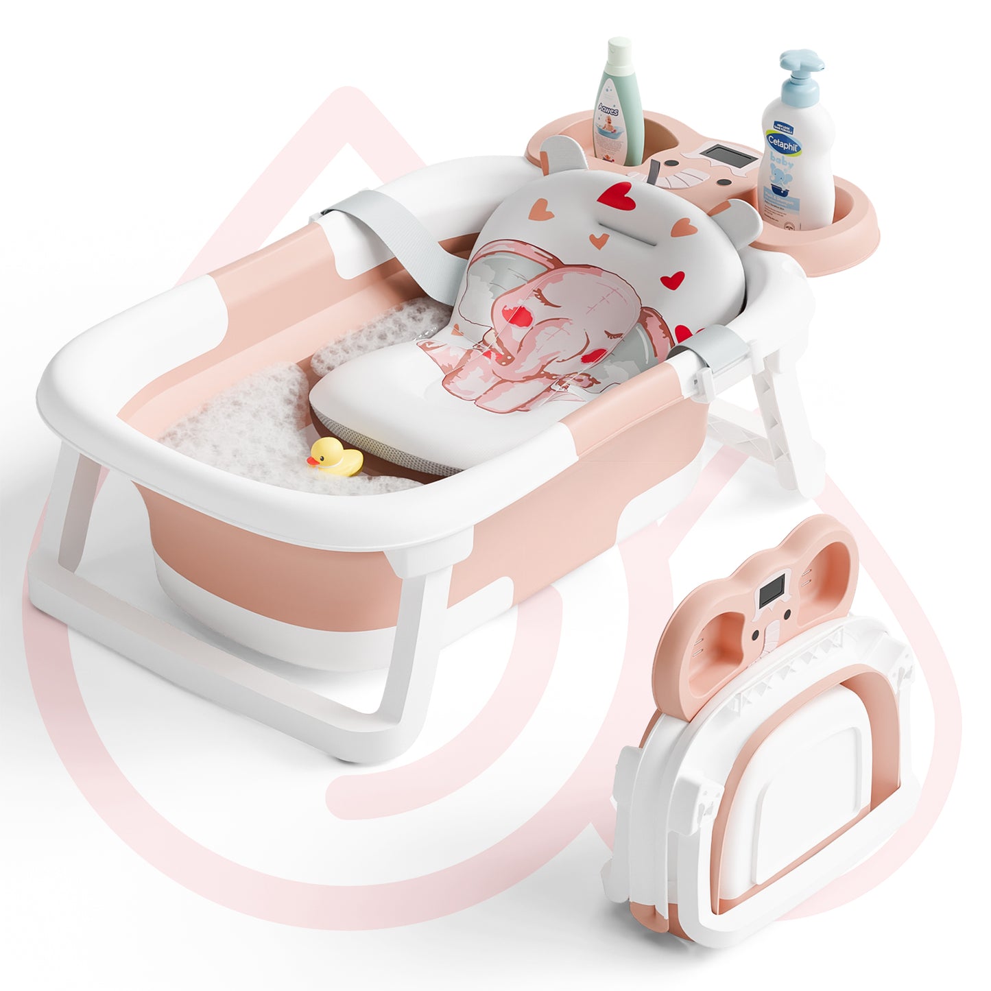 Aprpink Foldable Baby Bathtub Elephant PP+TPE with Soft Cushion&Thermometer for 0-36 Months Toddler Blue/Gray/Pink