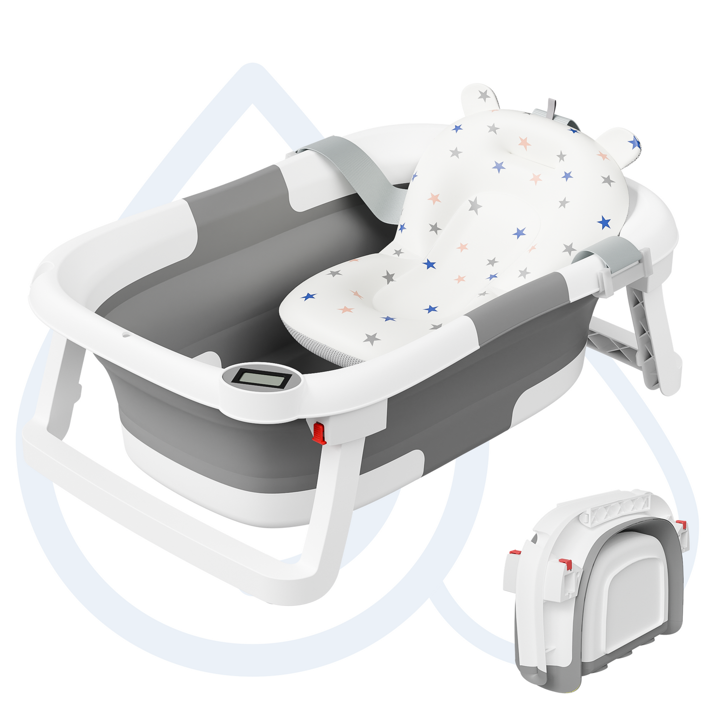 Aprpink Foldable Baby PP+TPE Bathtub with Soft Cushion&Thermometer for 0-36 Months Toddler Gray/Pink/Blue