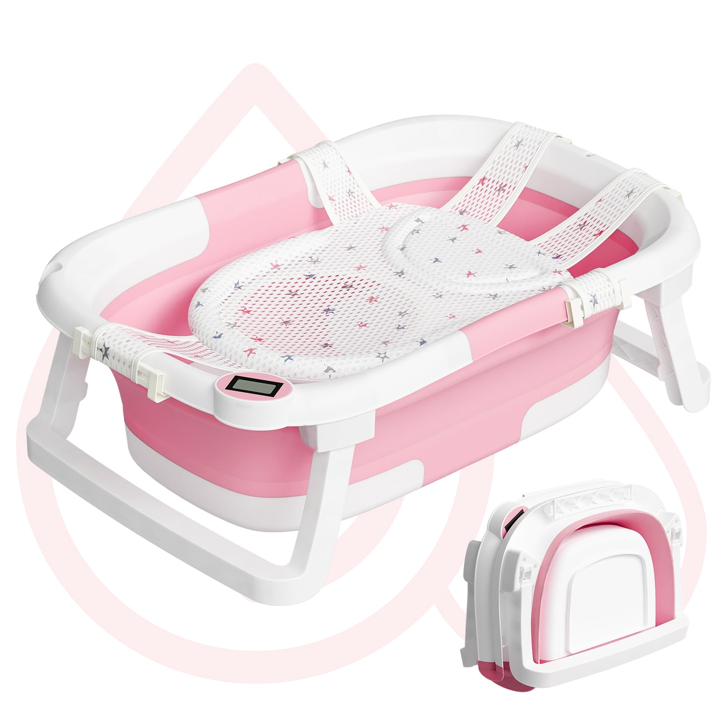 Aprpink Foldable Baby PP+TPE Bathtub with Soft Cushion&Thermometer for 0-36 Months Toddler Gray/Pink/Blue/Green/Dark Pink/Turquoise/Light Blue