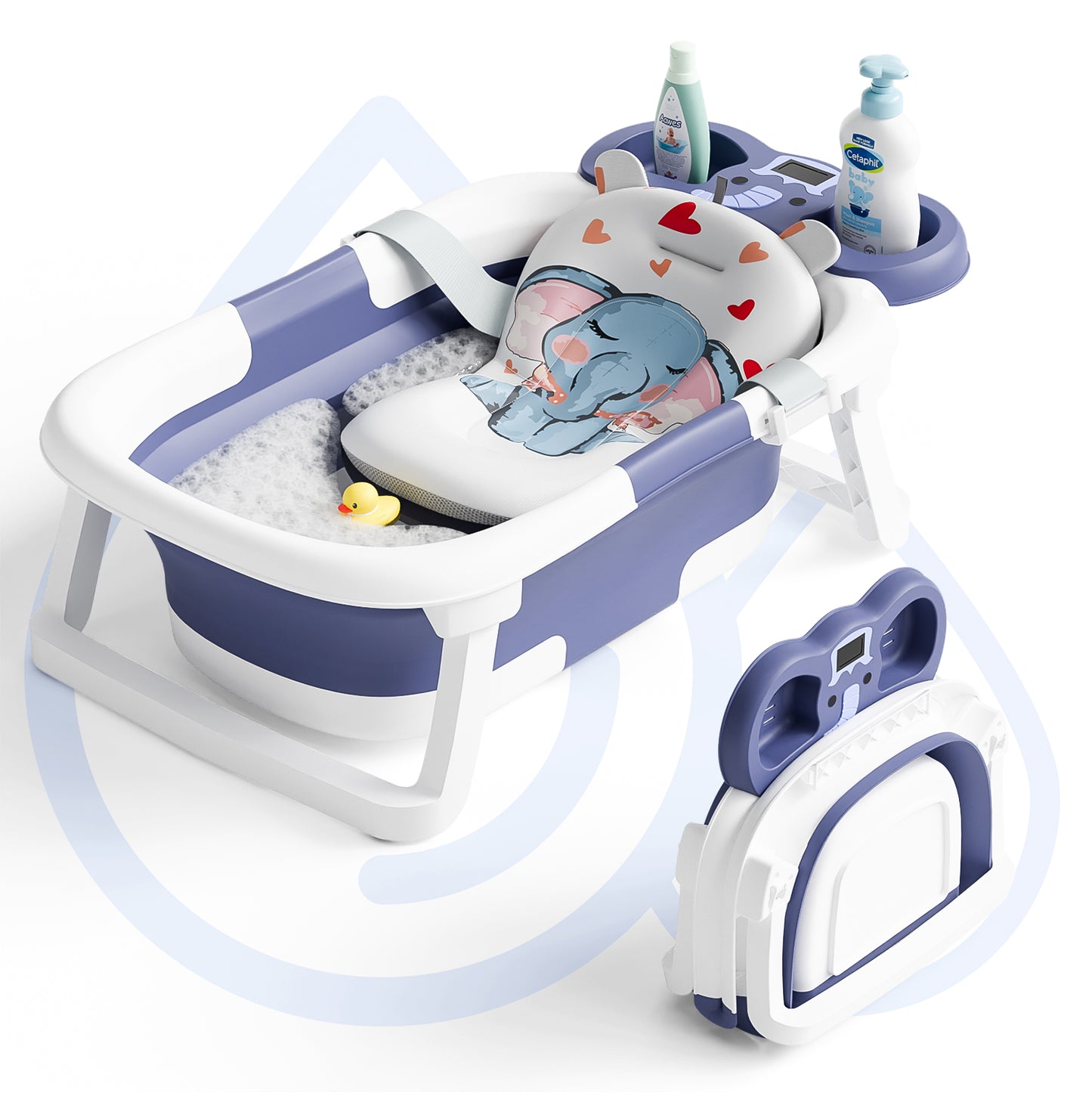 Aprpink Foldable Baby Bathtub Elephant PP+TPE with Soft Cushion&Thermometer for 0-36 Months Toddler Blue/Gray/Pink
