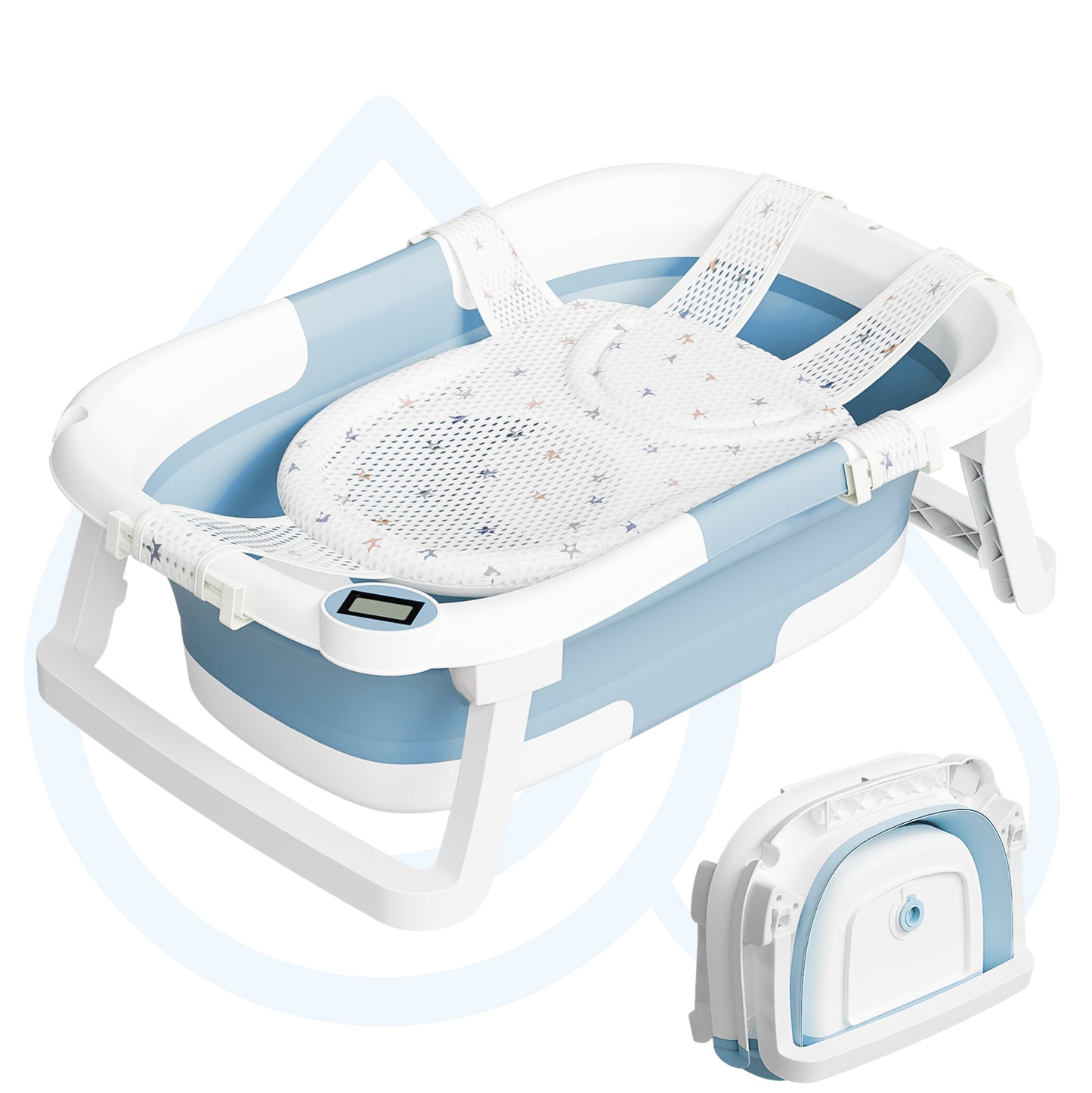 Aprpink Foldable Baby PP+TPE Bathtub with Soft Cushion&Thermometer for 0-36 Months Toddler Gray/Pink/Blue/Green/Dark Pink/Turquoise/Light Blue