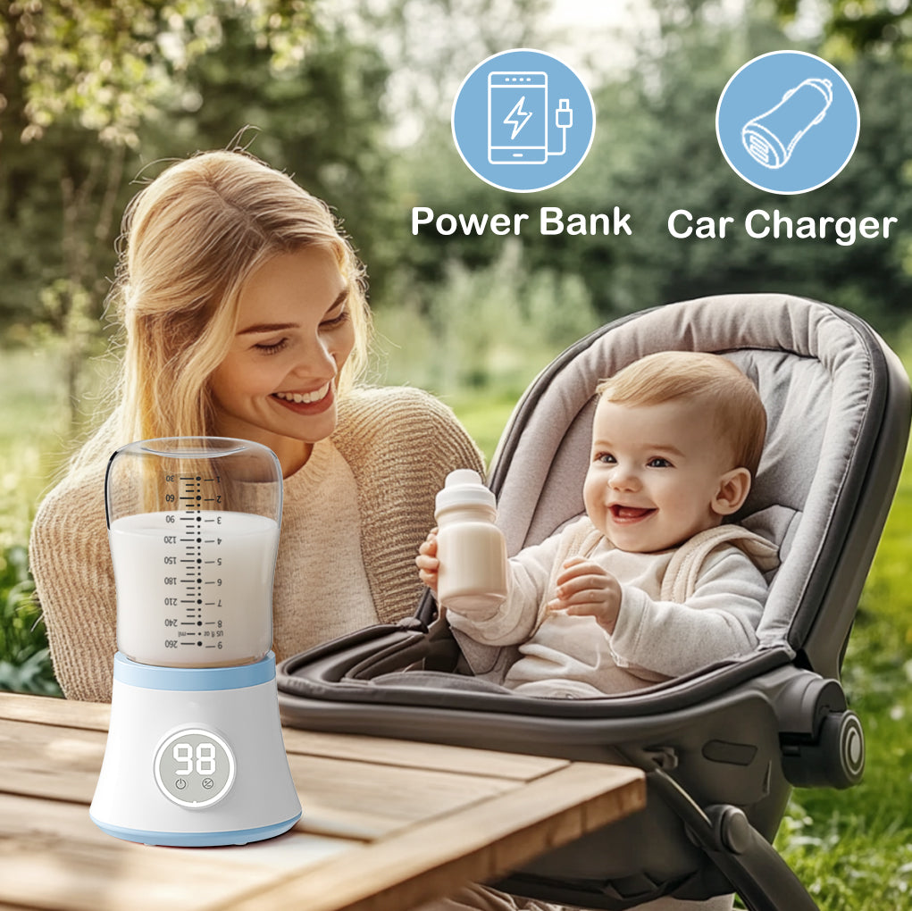 Aprpink Portable Bottle Warmer Travel Fast Heating 10400mAH Battery with Glass Baby Bottle&5 Adjustable Temperature settings Blue/Green/Pink