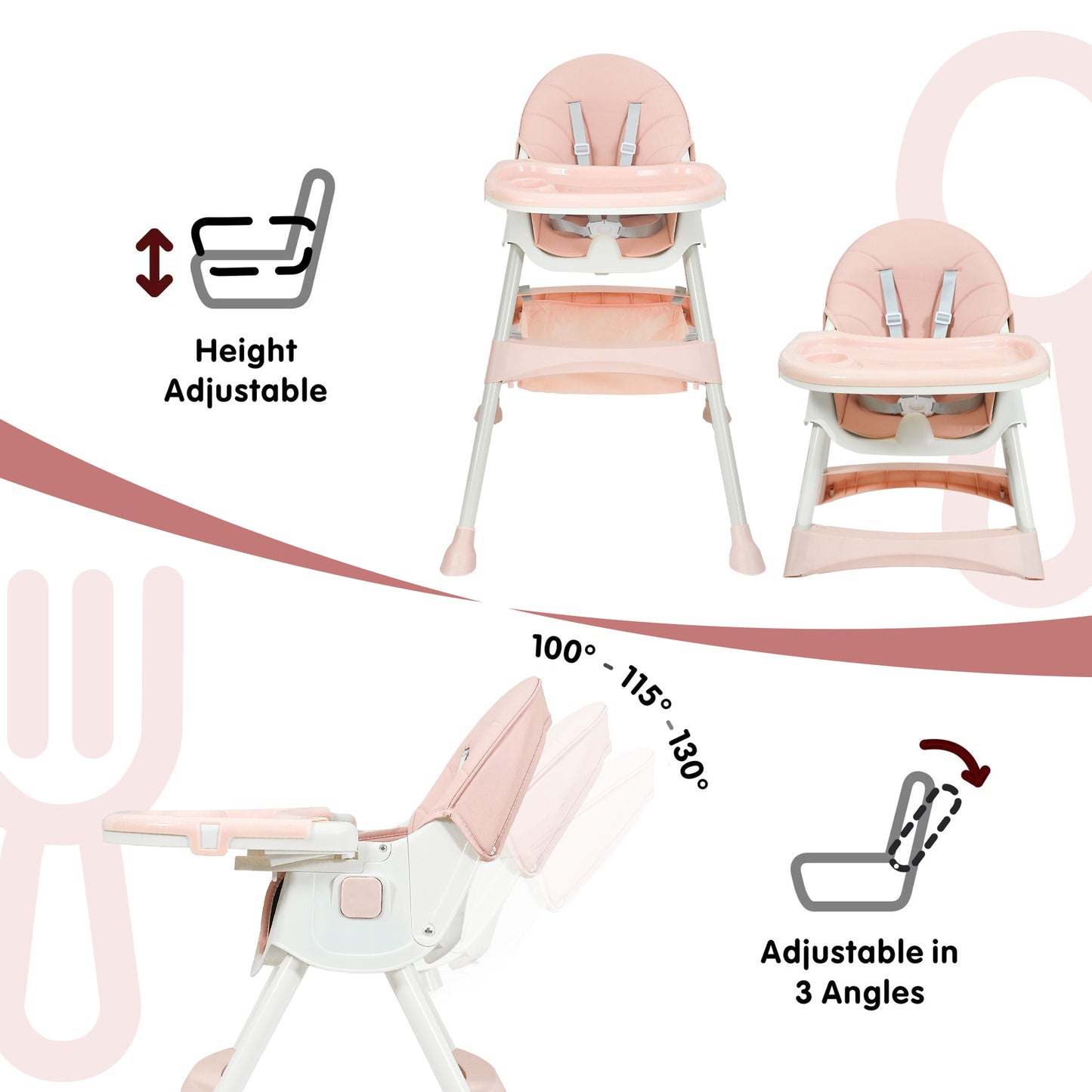 Aprpink 6-in-1 Baby Convertible High Chair with 5-Point PU Safety Harness, Gray/Pink Striped, 1 Piece