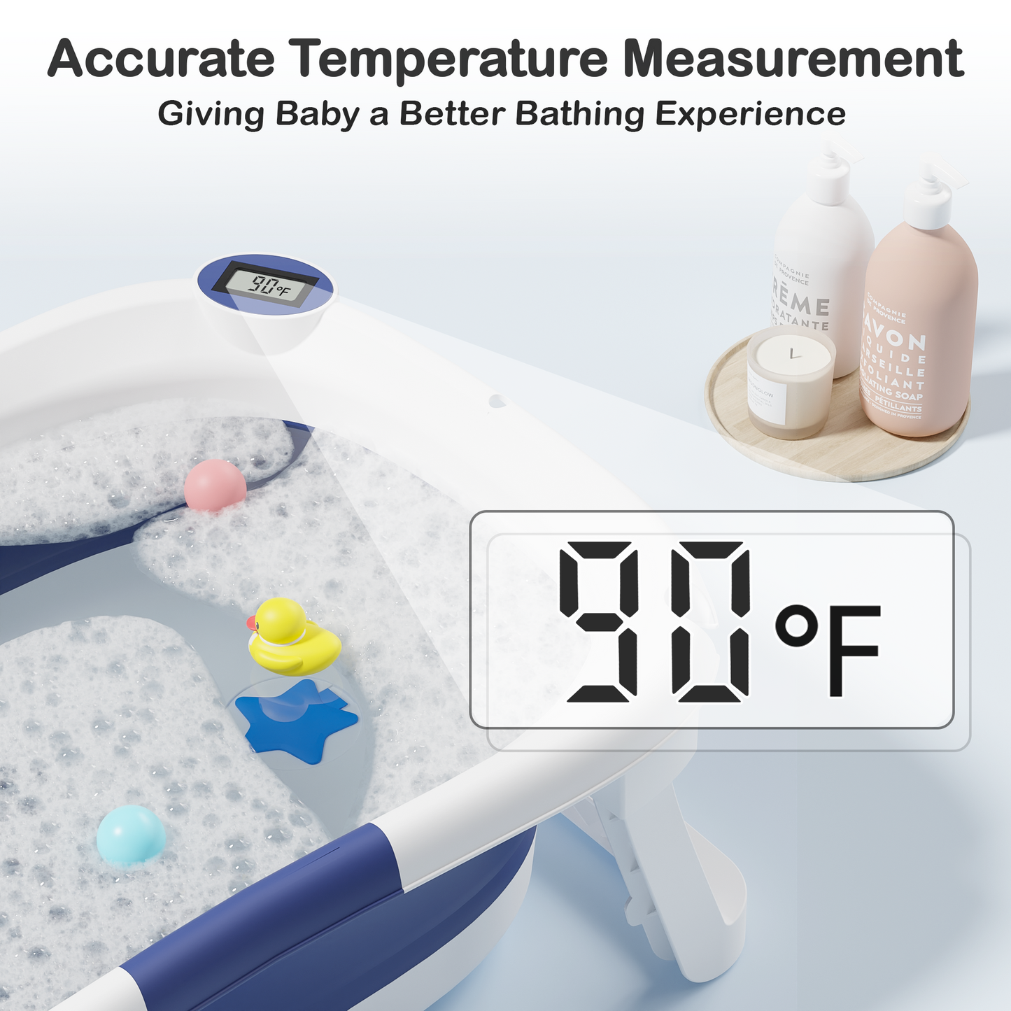 Aprpink Foldable Baby PP+TPE Bathtub with Soft Cushion&Thermometer for 0-36 Months Toddler Gray/Pink/Blue/Green/Dark Pink/Turquoise/Light Blue