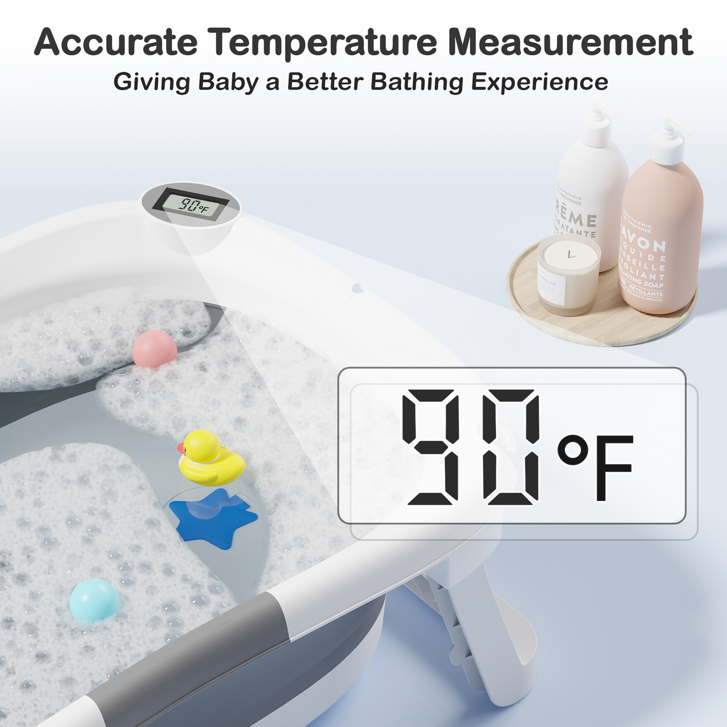 Aprpink Collapsible Baby Bathtub with Soft Bath Cushion&Thermometer Gray