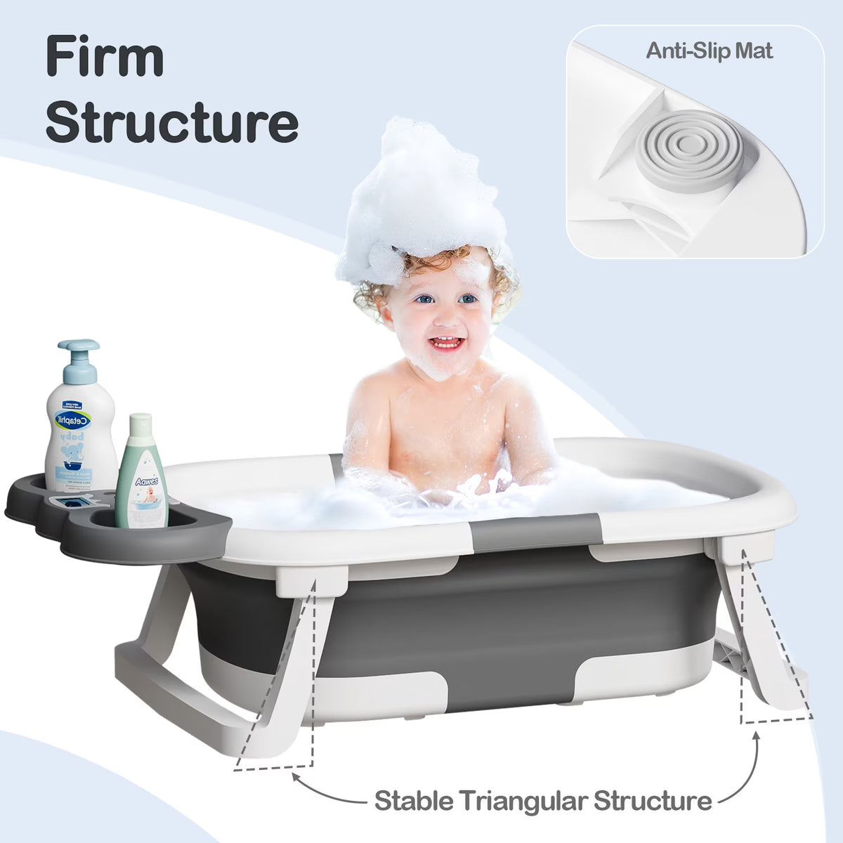Aprpink Foldable Baby Bathtub with Storage Tray, Portable Non-Slip Elephant Bath Tub for Infants and Toddlers, Gray