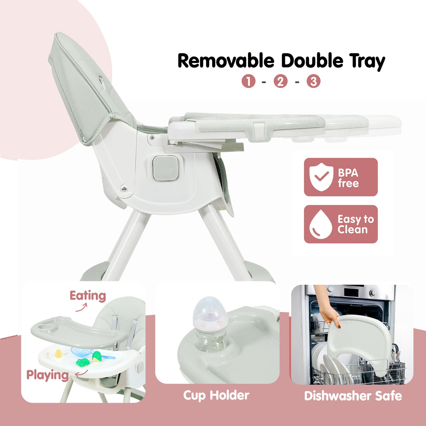 Aprpink 6-in-1 Baby Convertible High Chair with 5-Point PU Safety Harness, Gray/Pink/Green Striped, 1 Piece
