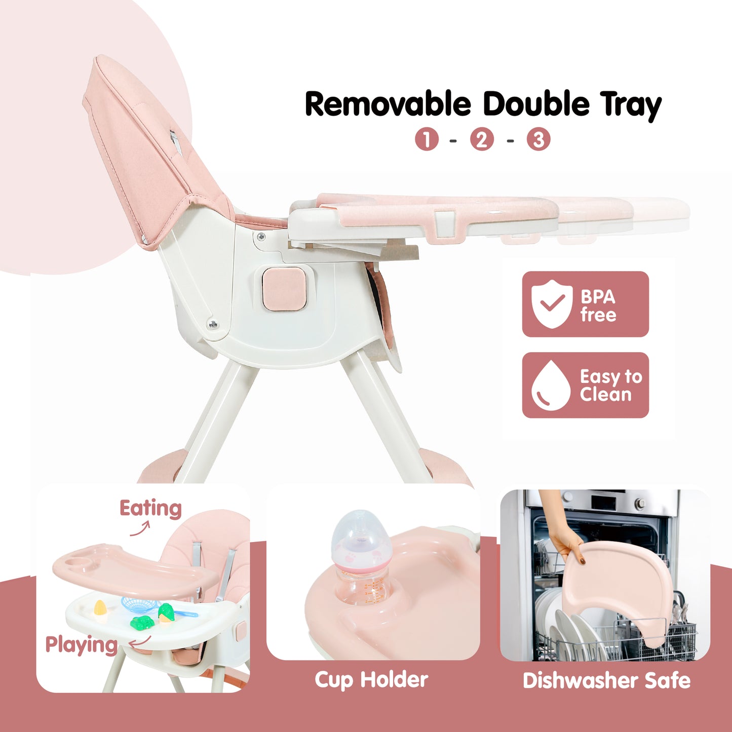 Aprpink 6 in 1 Baby Convertible High Chair with 5 Point PU Safety Harness, Pink Striped, 1 Piece