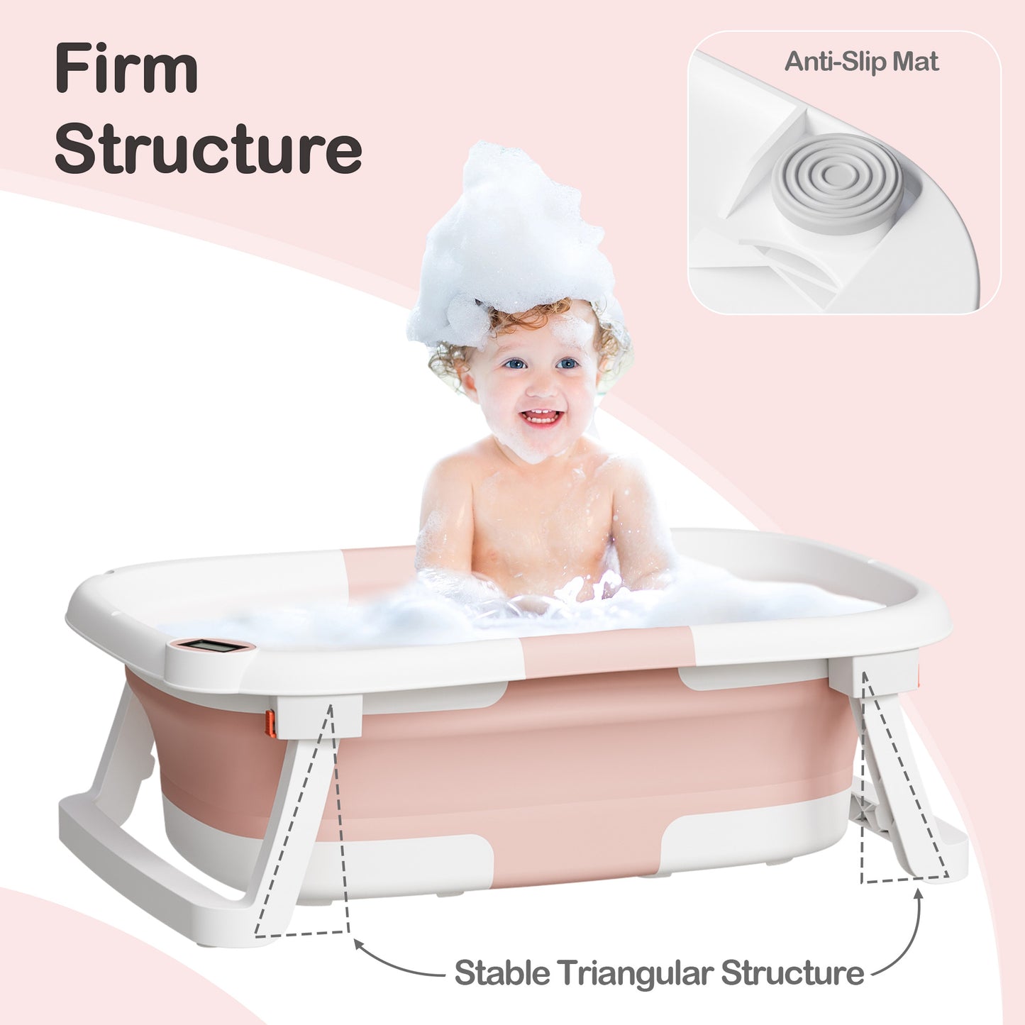 Aprpink Foldable Baby PP+TPE Bathtub with Soft Cushion&Thermometer for 0-36 Months Toddler Gray/Pink/Blue/Green/Dark Pink/Turquoise/Light Blue