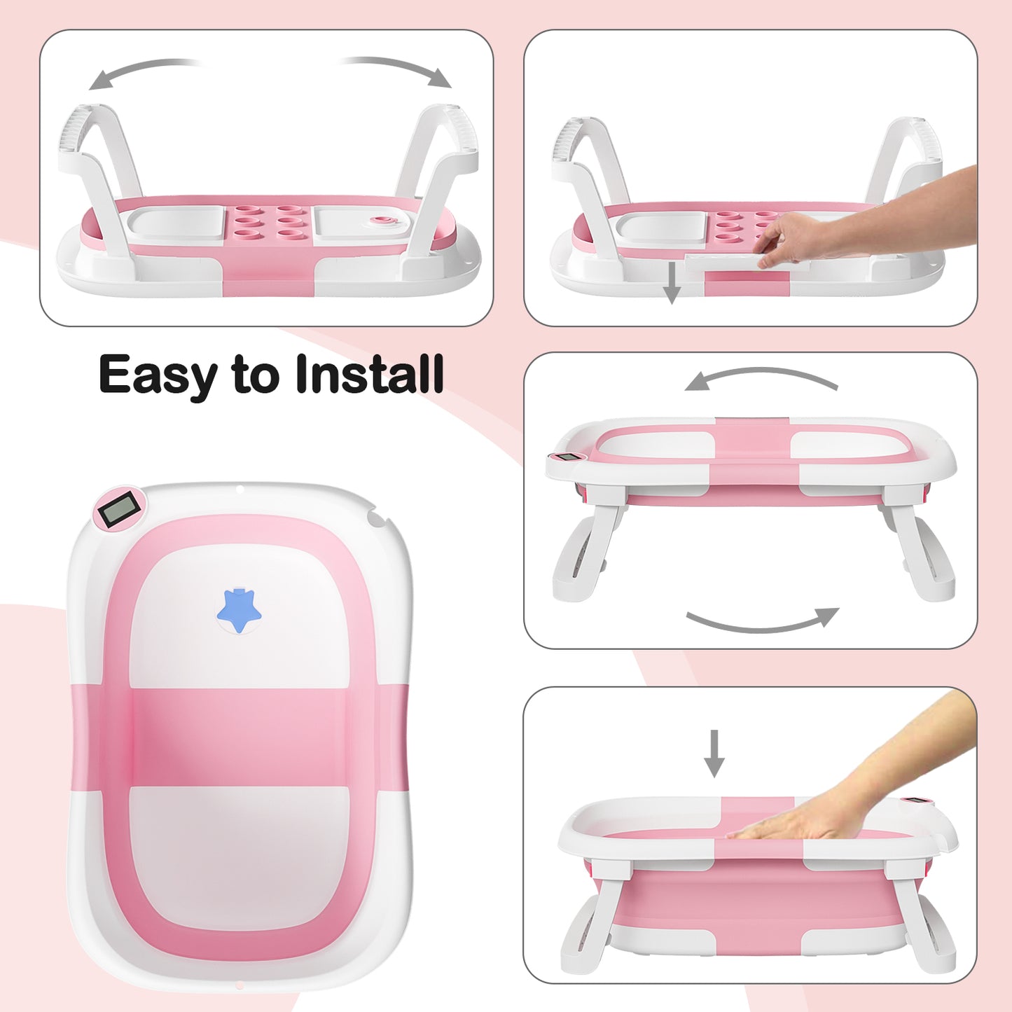 Aprpink Foldable Baby PP+TPE Bathtub with Soft Cushion&Thermometer for 0-36 Months Toddler Gray/Pink/Blue/Green/Dark Pink/Turquoise/Light Blue