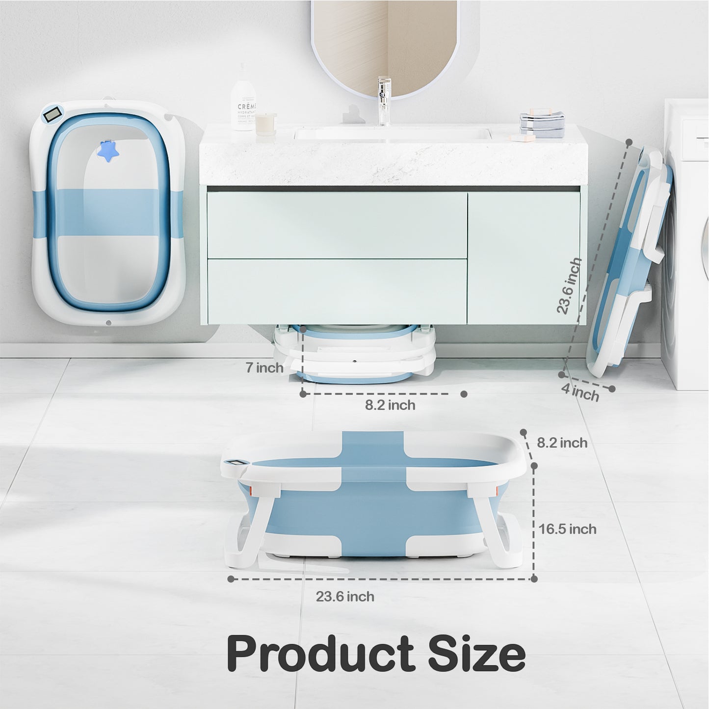 Aprpink Foldable Baby PP+TPE Bathtub with Soft Cushion&Thermometer for 0-36 Months Toddler Light Blue