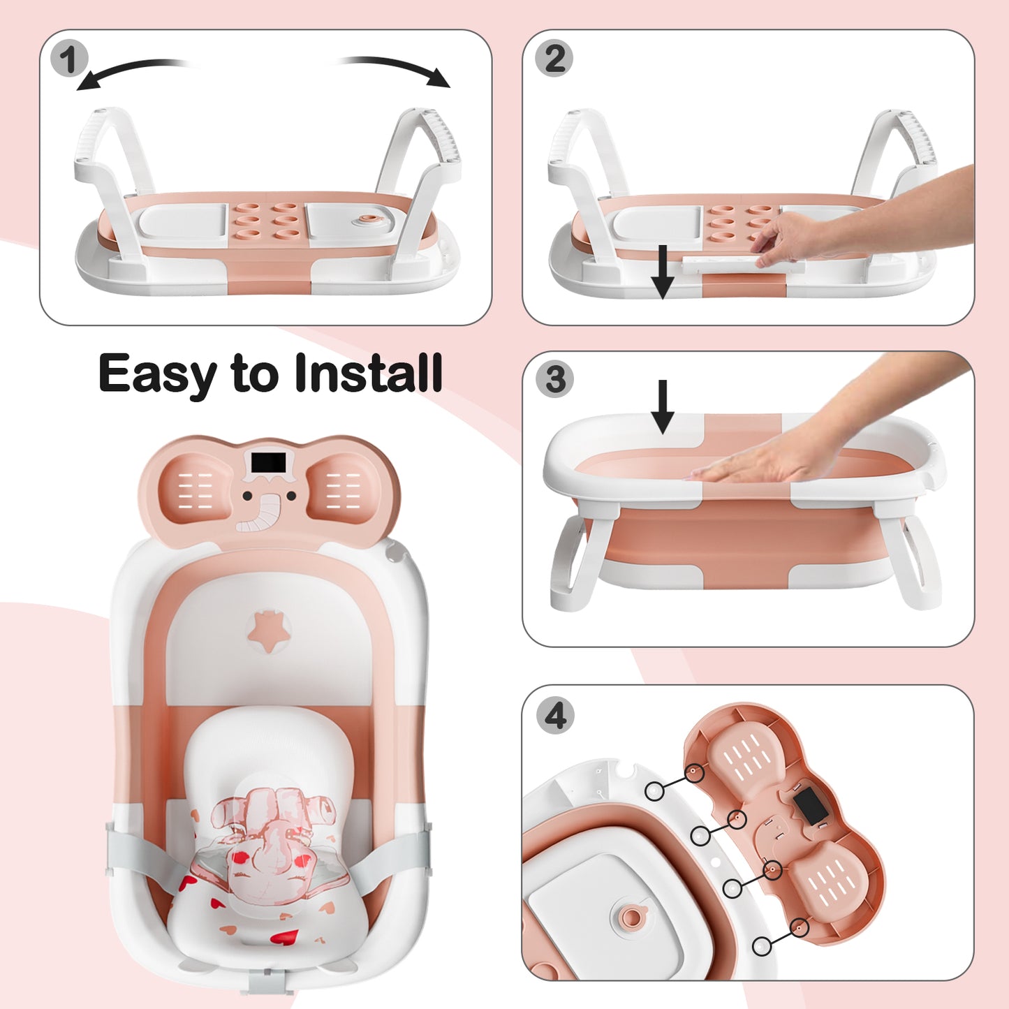 Aprpink Foldable Baby Bathtub Elephant PP+TPE with Soft Cushion&Thermometer for 0-36 Months Toddler Pink