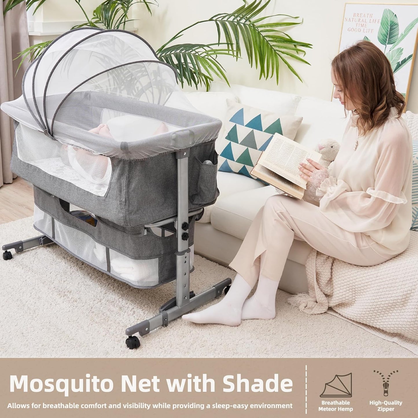 3 in 1 Baby Bassinet Bedside Sleeper,Bedside Bassinet for Baby,4 Height Adjustable Bedside Crib with Storage Basket & Mosquito Net,Easy Folding Bassinet for Newborn/Infant,Safe Portable Baby Bed