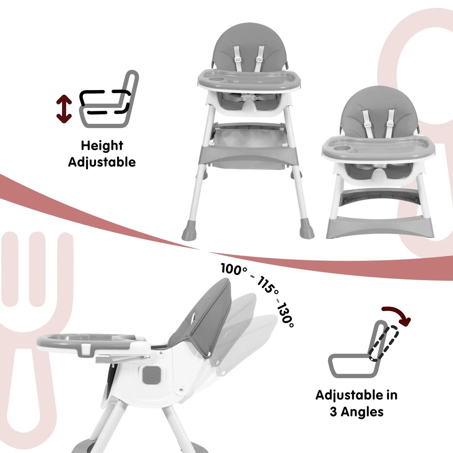 Aprpink 6 in 1 Baby Convertible High Chair Seat with 5 Point PU Safety Harness Gray Striped