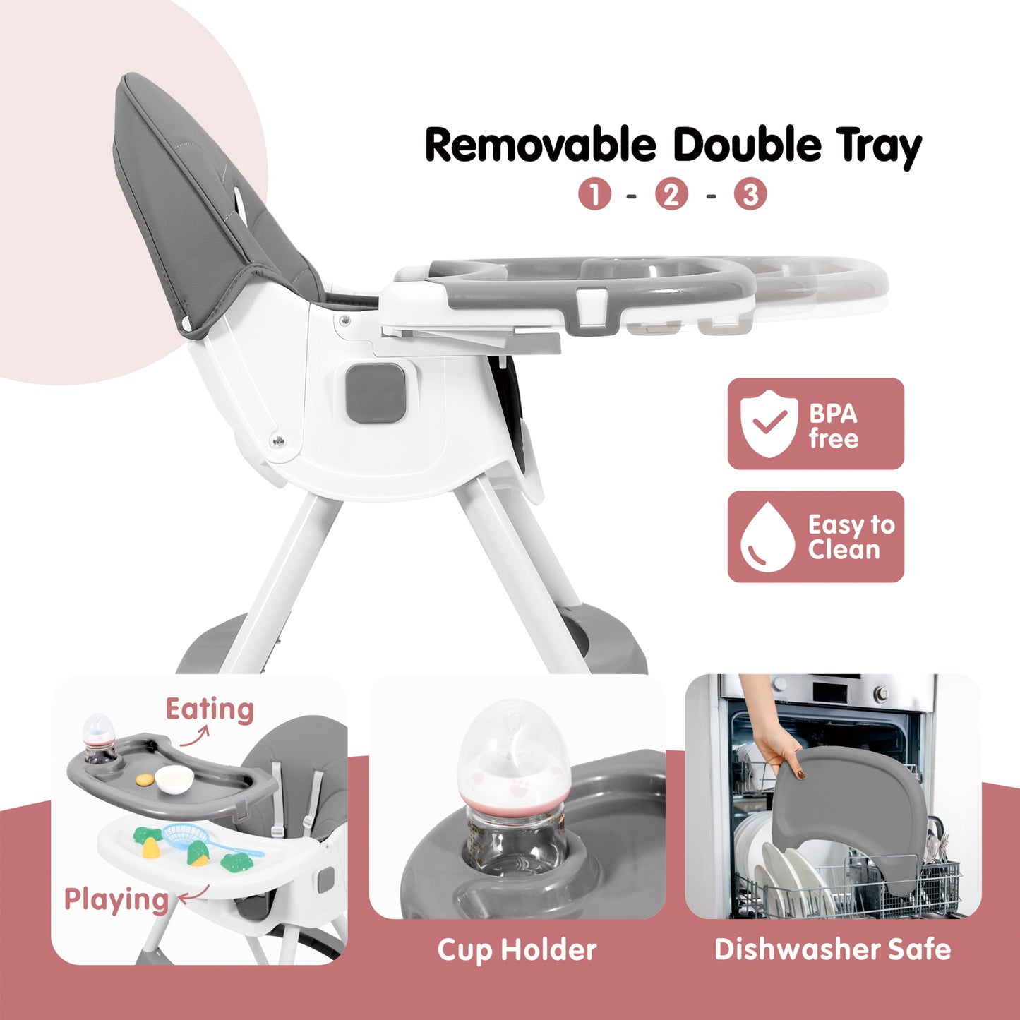 Aprpink 6 in 1 Baby Convertible High Chair Seat with 5 Point PU Safety Harness Gray Striped