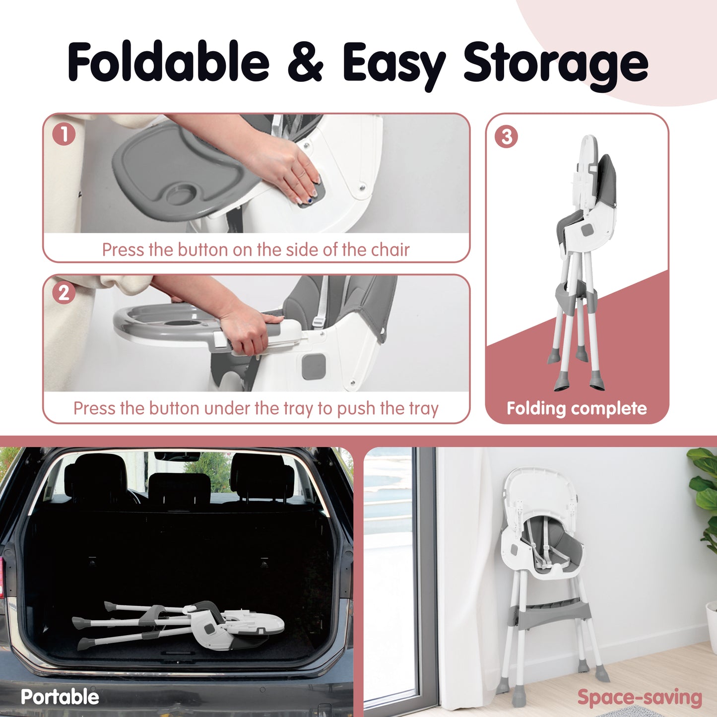 Aprpink 6 in 1 Baby Convertible High Chair Seat with 5 Point PU Safety Harness Gray Striped