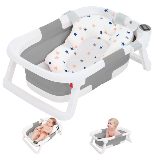 Aprpink Foldable Baby ‎PP+TPE Bathtub with Soft Cushion&Thermometer for 0-36 Months Toddler Green/Gray