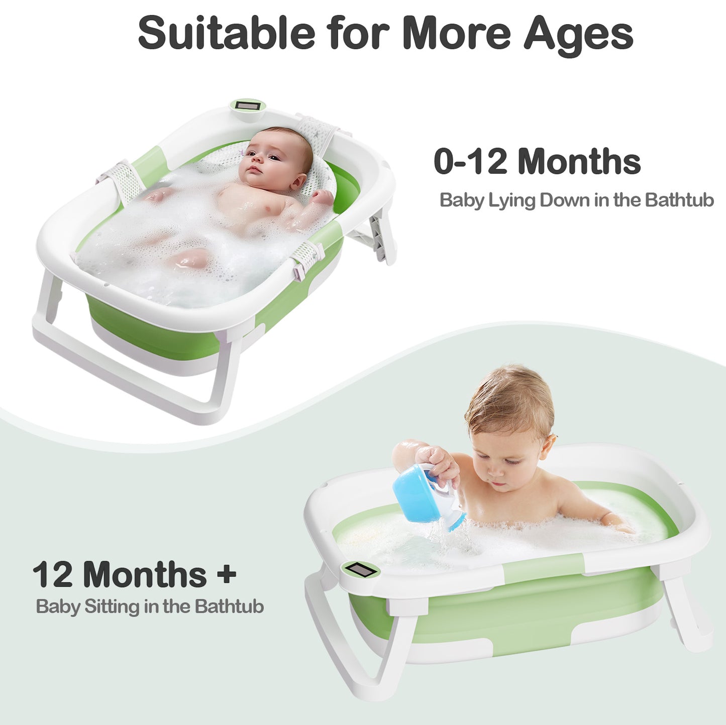 Aprpink Foldable Baby ‎PP+TPE Bathtub with Soft Cushion&Thermometer for 0-36 Months Toddler Green