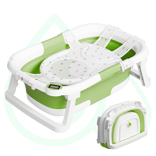 Aprpink Foldable Baby ‎PP+TPE Bathtub with Soft Cushion&Thermometer for 0-36 Months Toddler Green