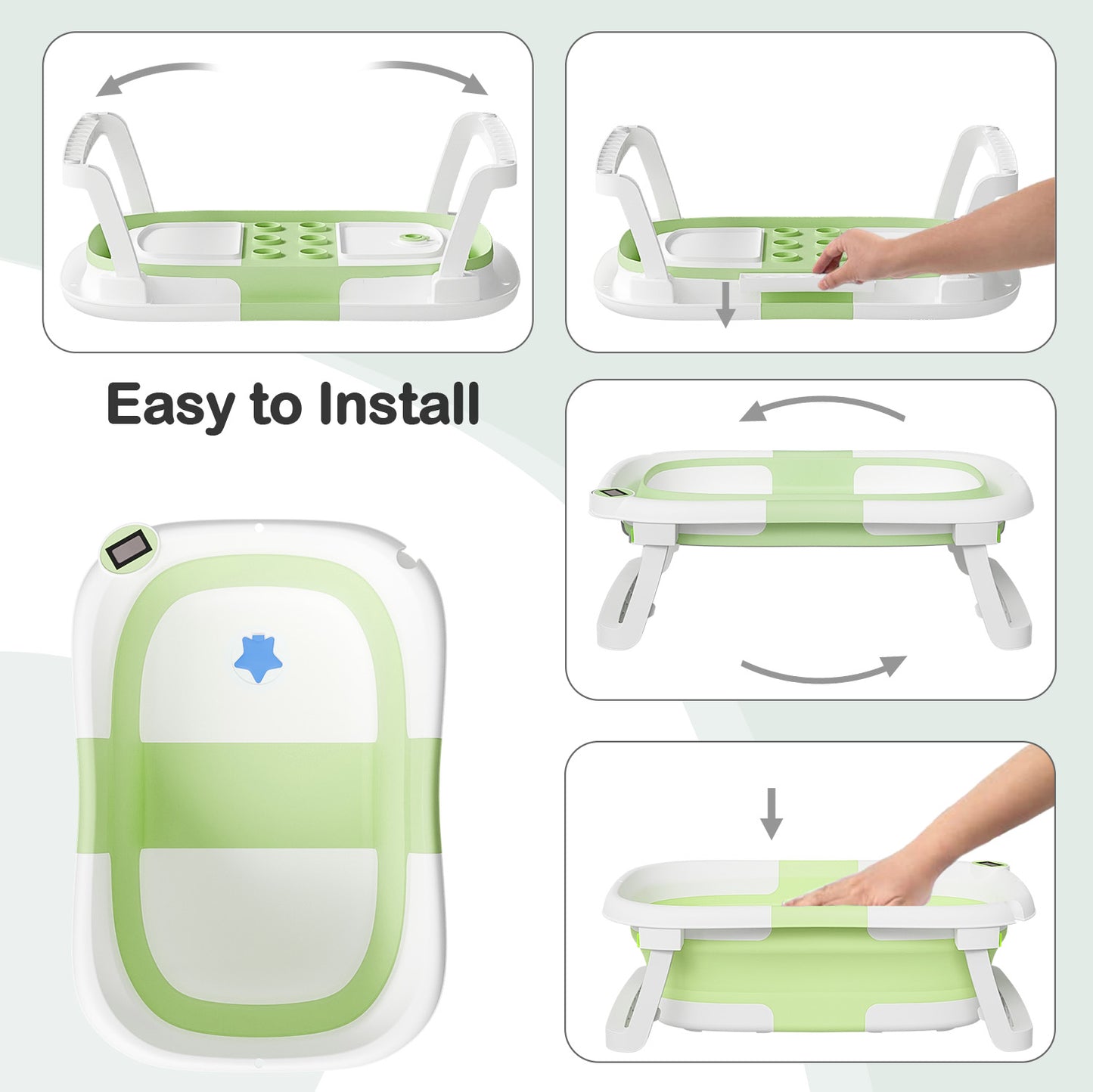 Aprpink Foldable Baby ‎PP+TPE Bathtub with Soft Cushion&Thermometer for 0-36 Months Toddler Green