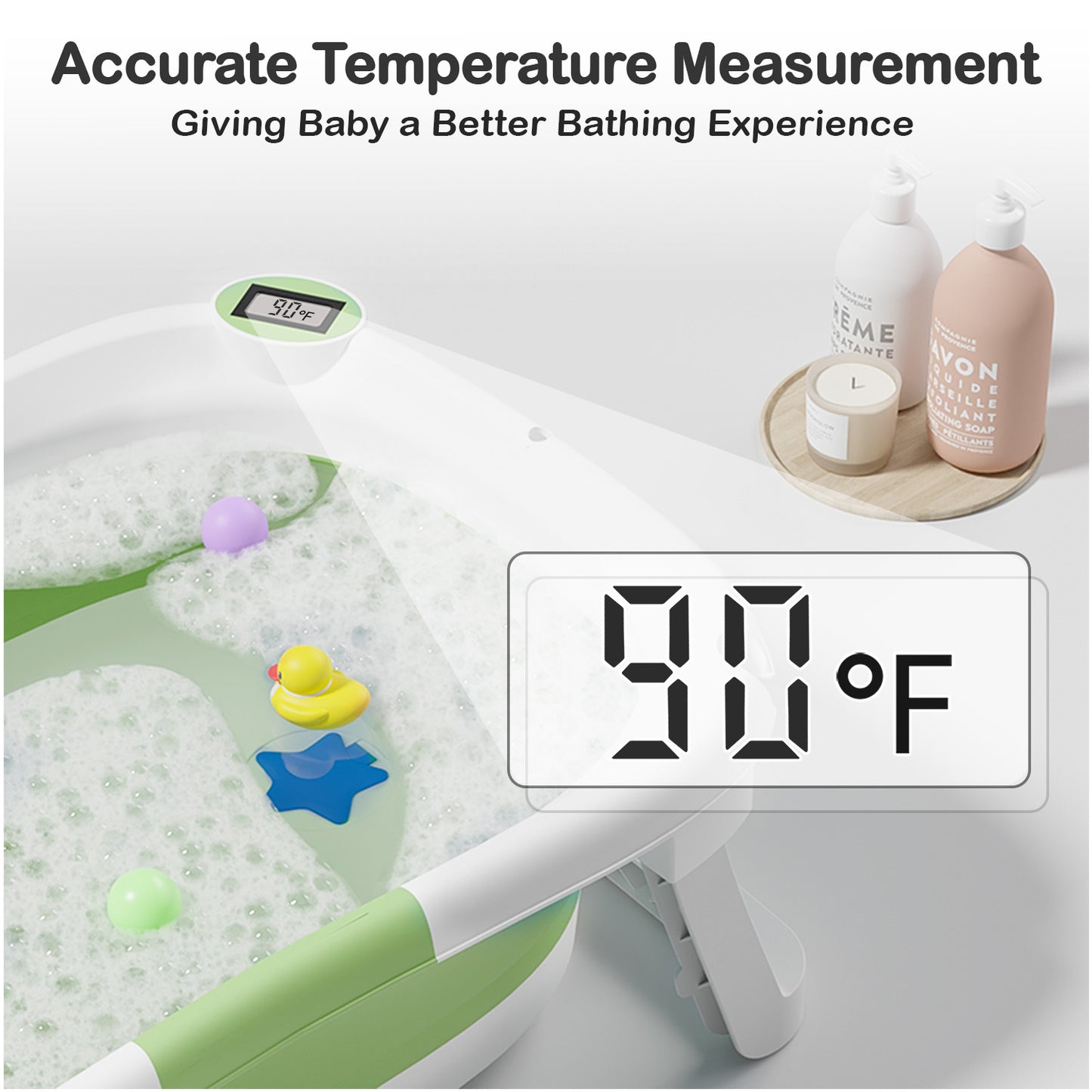 Aprpink Foldable Baby ‎PP+TPE Bathtub with Soft Cushion&Thermometer for 0-36 Months Toddler Green