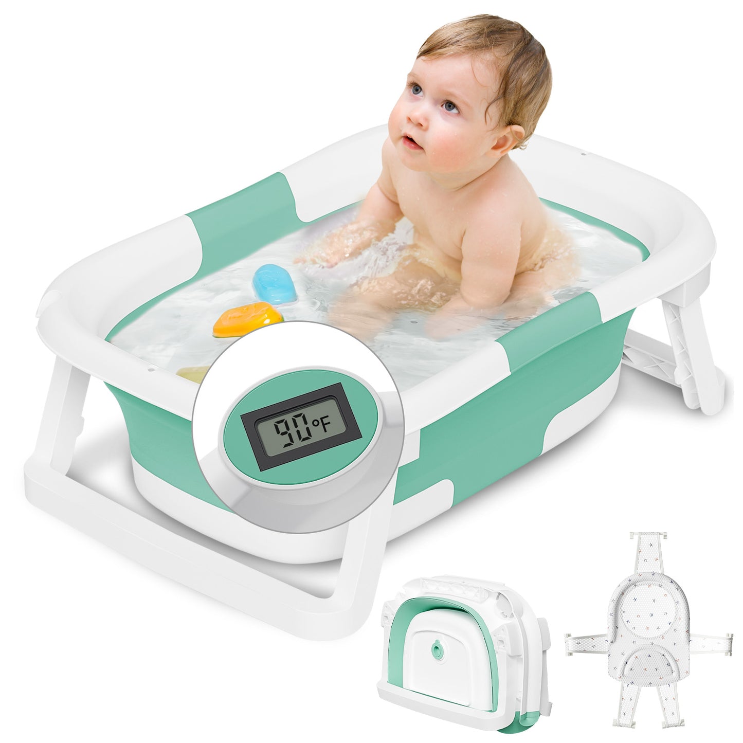 Aprpink Foldable Baby ‎PP+TPE Bathtub with Soft Cushion&Thermometer for 0-36 Months Toddler Turquoise
