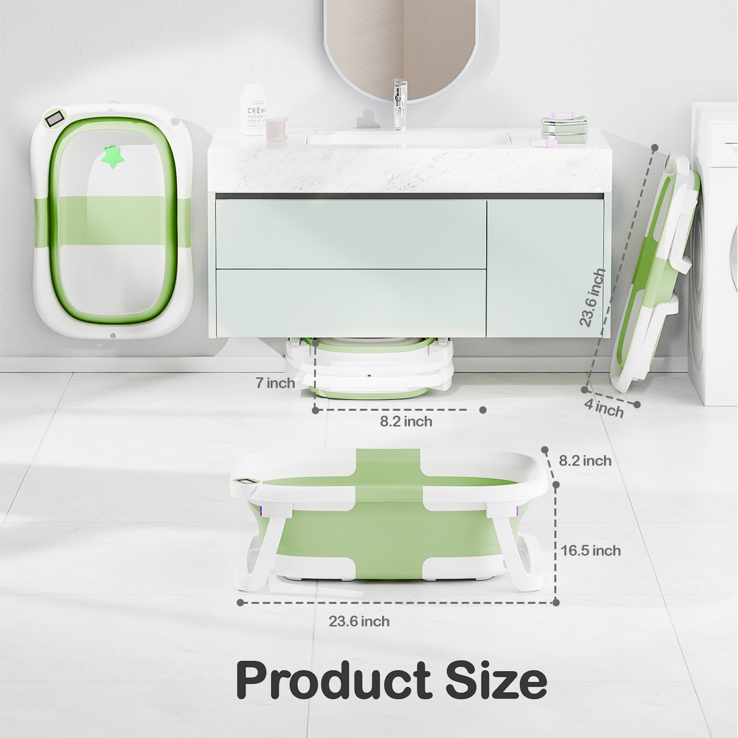 Aprpink Foldable Baby ‎PP+TPE Bathtub with Soft Cushion&Thermometer for 0-36 Months Toddler Green