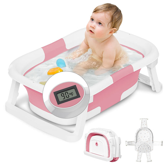 Aprpink Foldable Baby ‎PP+TPE Bathtub with Soft Cushion&Thermometer for 0-36 Months Toddler Dark Pink