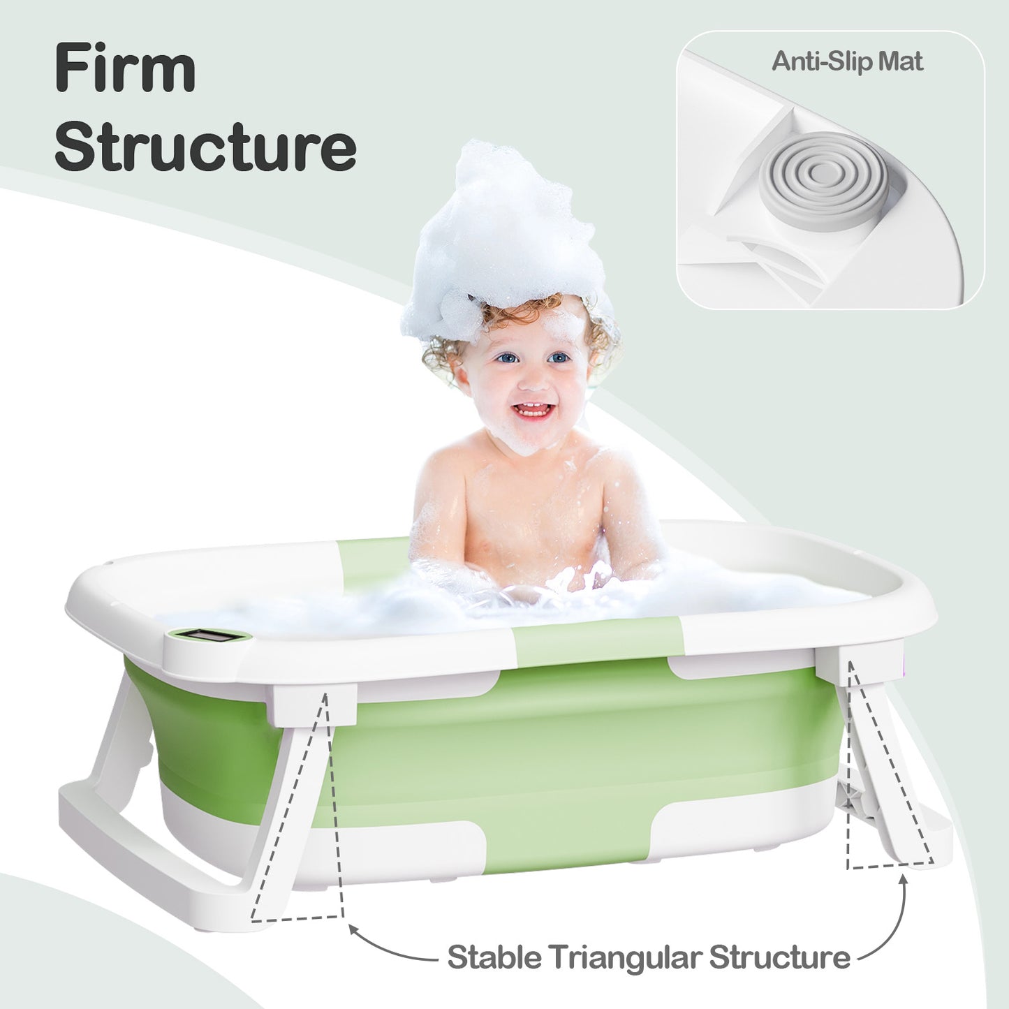 Aprpink Foldable Baby ‎PP+TPE Bathtub with Soft Cushion&Thermometer for 0-36 Months Toddler Green
