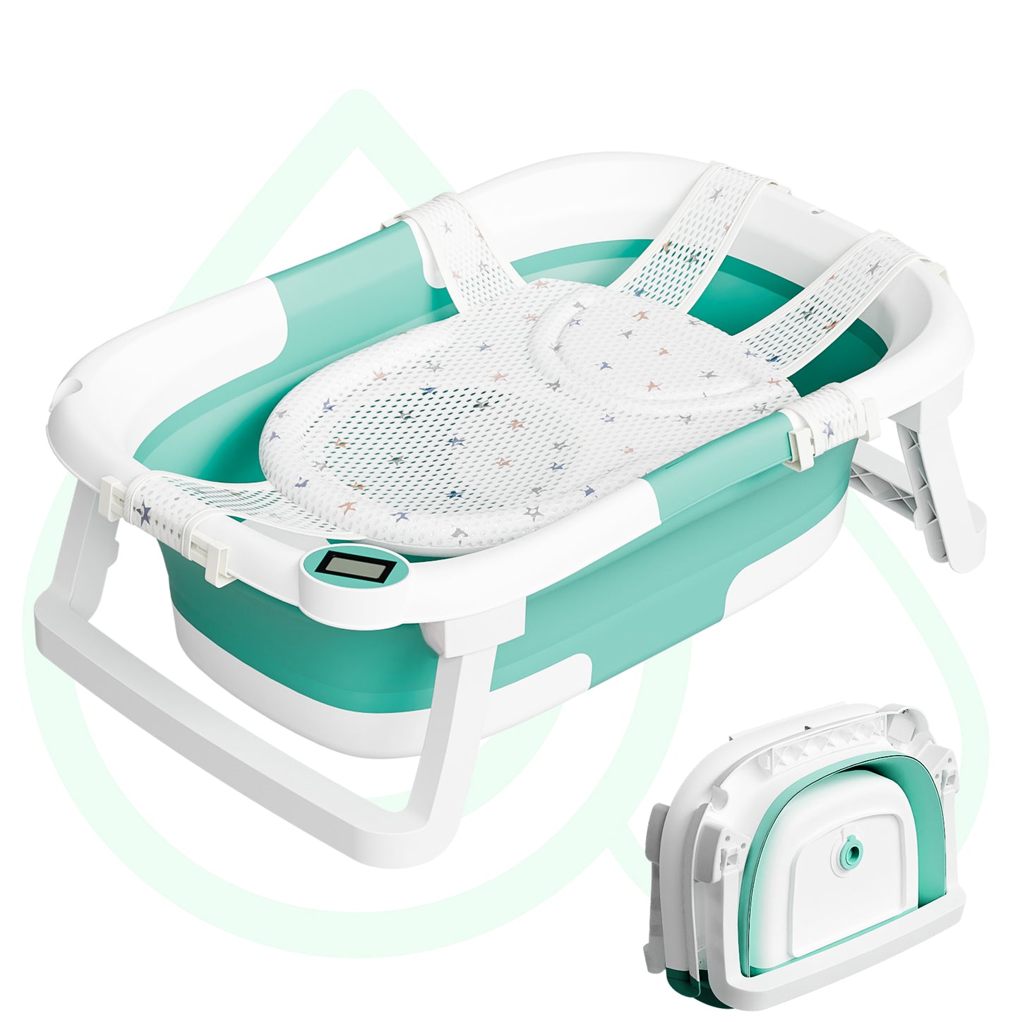 Aprpink Foldable Baby Bathtub PP+TPE with Soft Bath Net&Thermometer for 0-36 Months Toddler Turquoise
