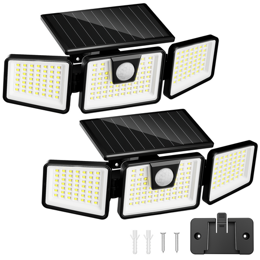 Aprpink Solar Motion Sensor Lights 156 LED 3 Head Security Floodlights Waterproof, Black, 2pcs/4pcs