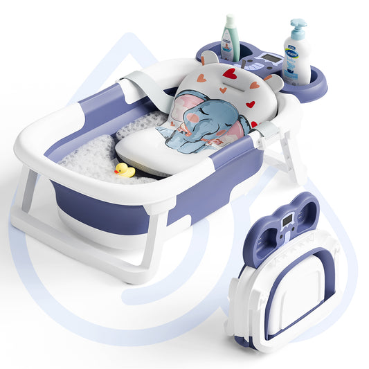 Aprpink Foldable Baby ‎Bathtub Elephant PP+TPE with Soft Cushion&Thermometer for 0-36 Months Toddler Blue/Gray/Pink