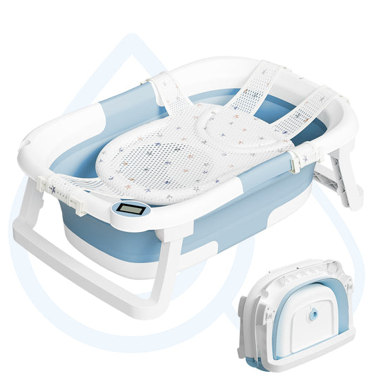 Aprpink Foldable Baby ‎PP+TPE Bathtub with Soft Cushion&Thermometer for 0-36 Months Toddler Light Blue