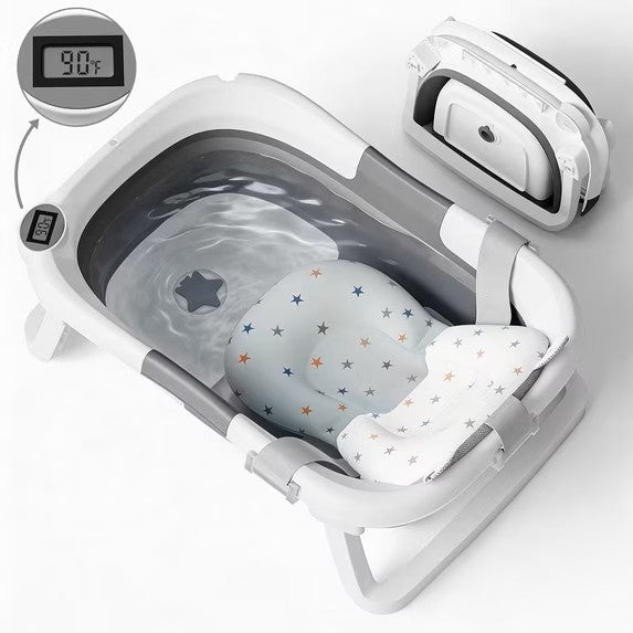 Tumajup Collapsible Baby Bathtub with Soft Bath Cushion&Thermometer Dark Gray