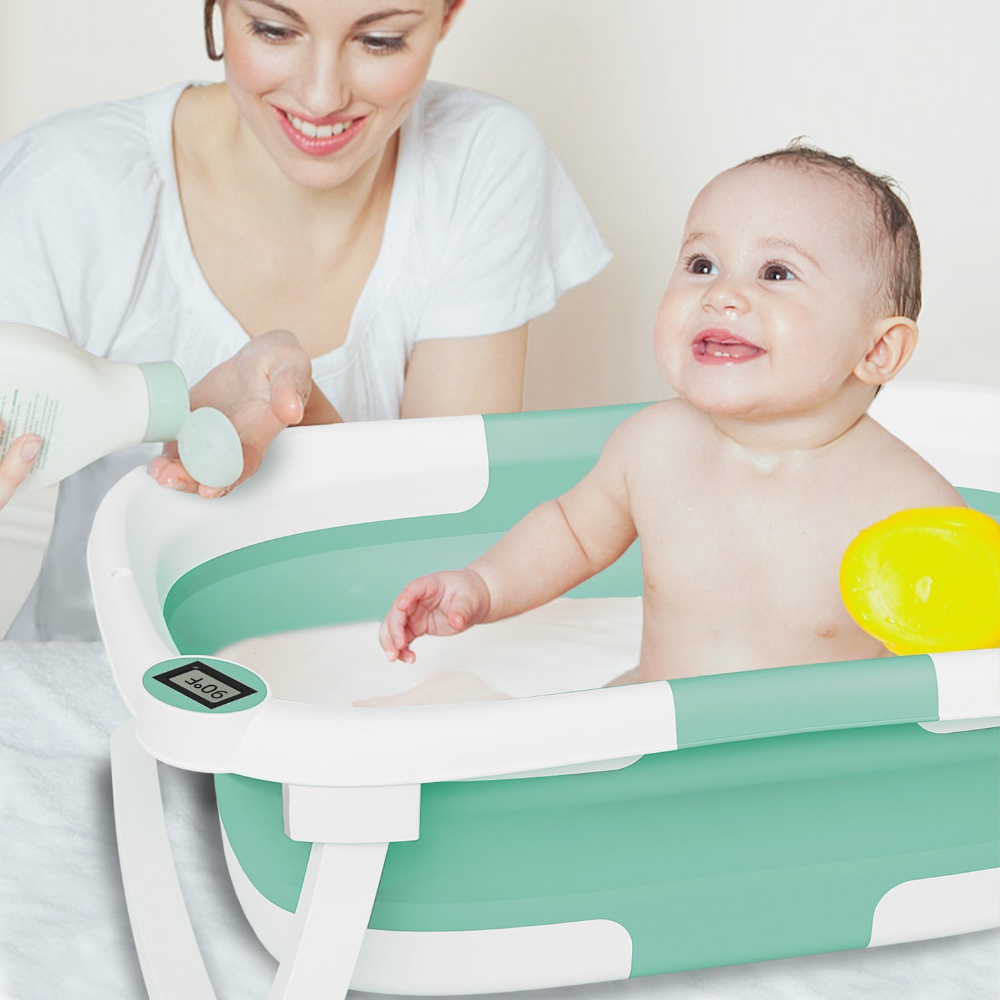 Aprpink Foldable Baby ‎PP+TPE Bathtub with Soft Cushion&Thermometer for 0-36 Months Toddler Turquoise