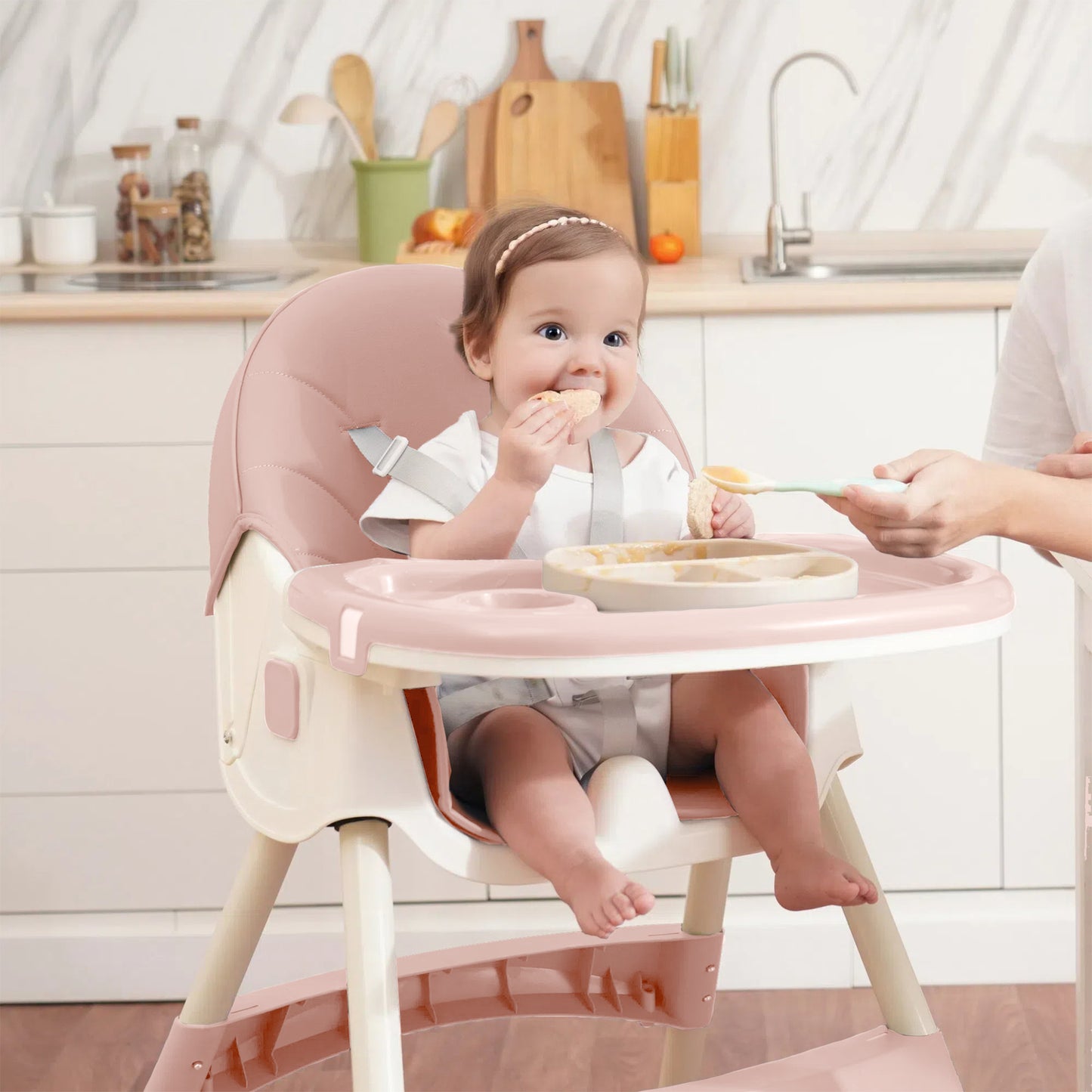 Aprpink 6 in 1 Baby Convertible High Chair with 5 Point PU Safety Harness, Pink Striped, 1 Piece