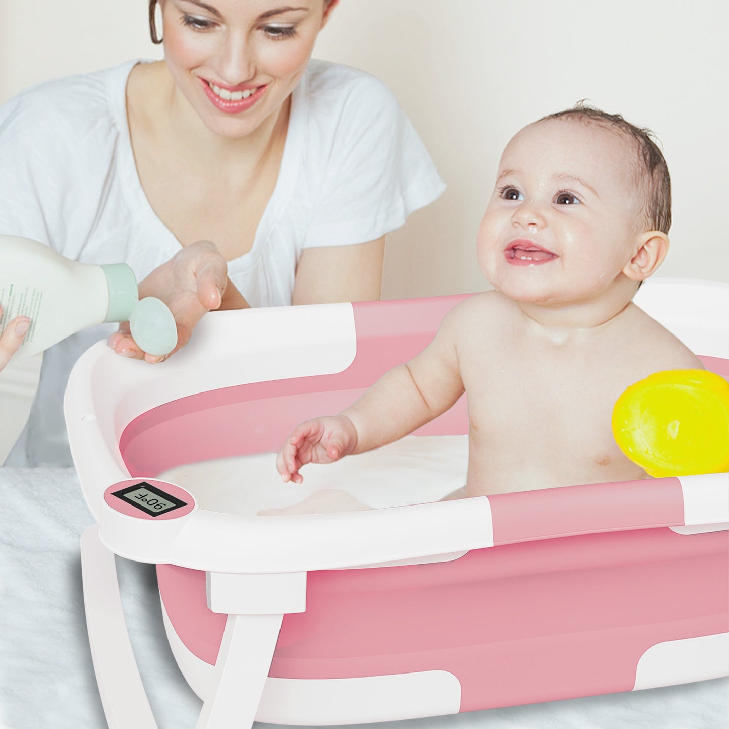 Aprpink Foldable Baby ‎PP+TPE Bathtub with Soft Cushion&Thermometer for 0-36 Months Toddler Dark Pink