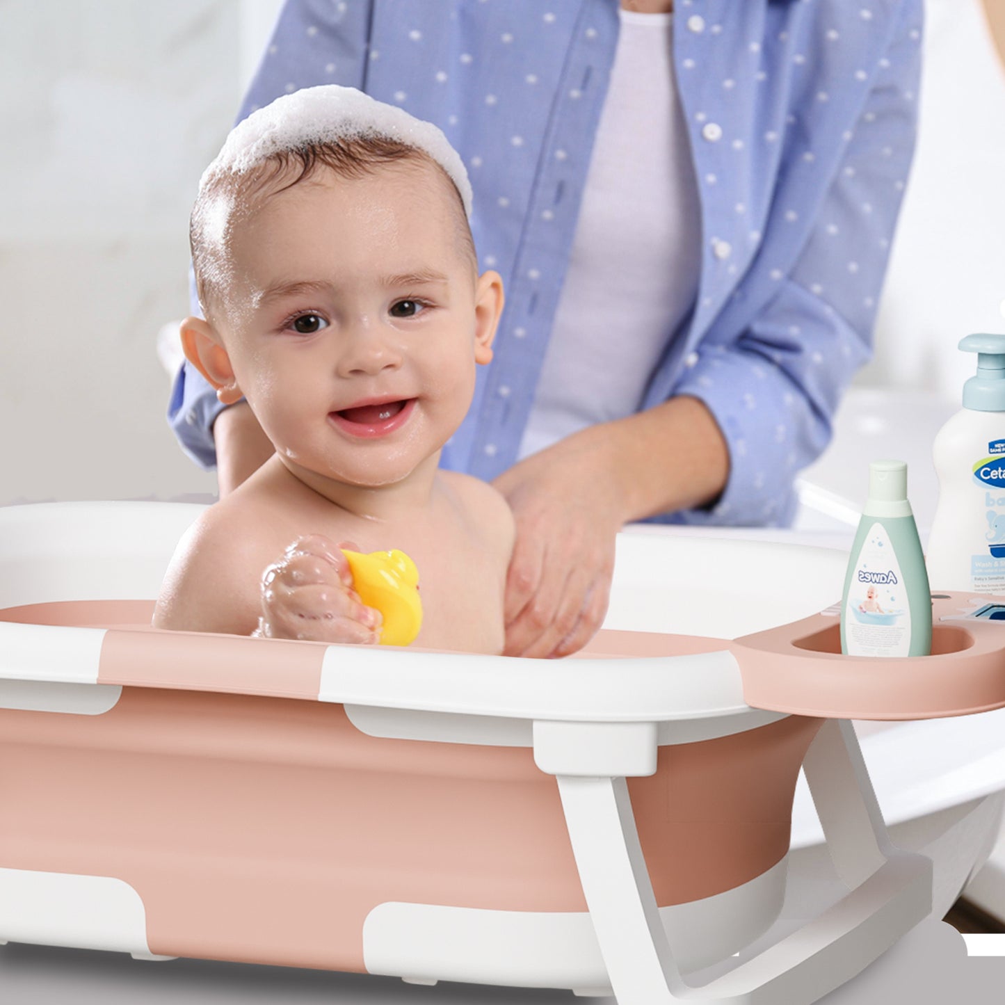 Aprpink Foldable Baby ‎Bathtub Elephant PP+TPE with Soft Cushion&Thermometer for 0-36 Months Toddler Pink