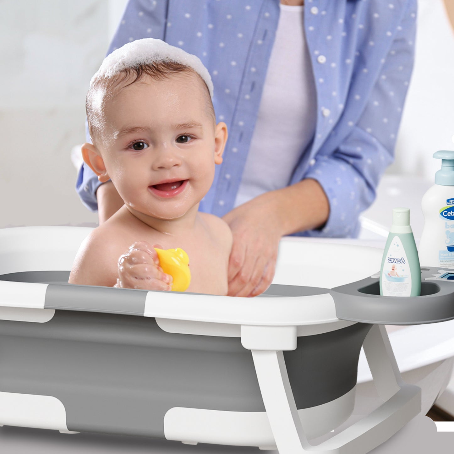 Aprpink Foldable Baby ‎Bathtub Elephant PP+TPE with Soft Cushion&Thermometer for 0-36 Months Toddler Gray