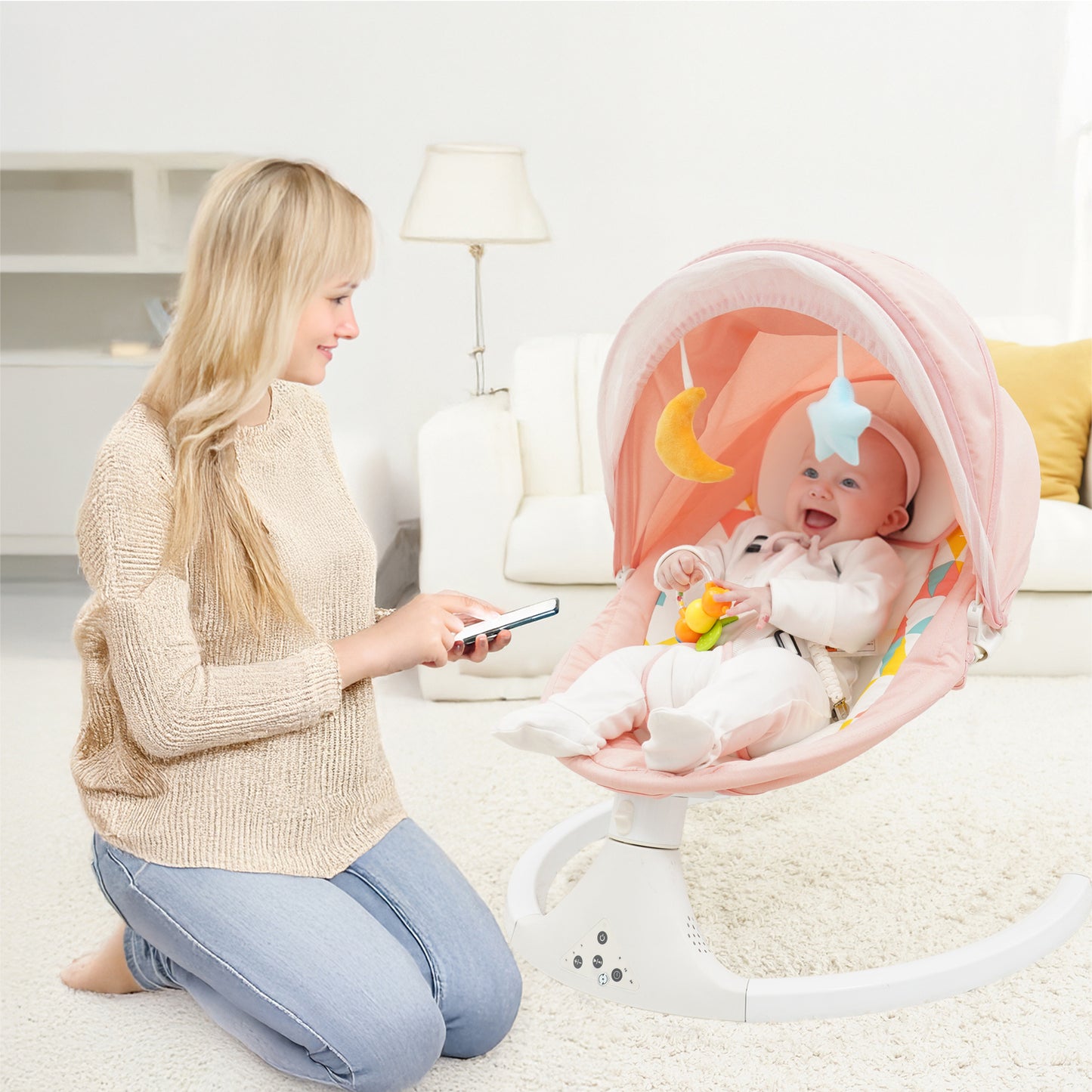 Aprpink Electric Bluetooth Baby Swing and Bouncer for Newborn 0-9 Months Pink