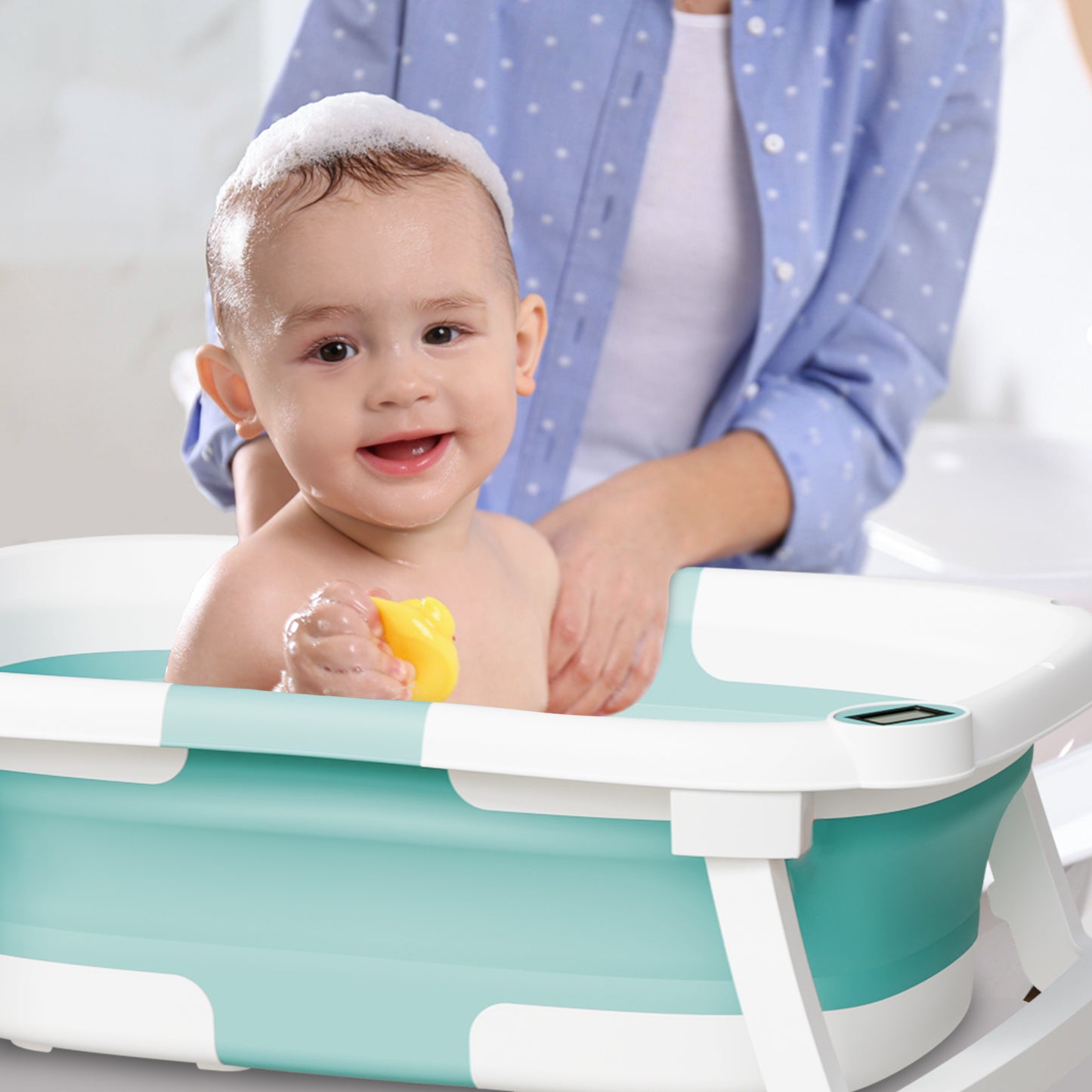 Aprpink Foldable Baby Bathtub PP+TPE with Soft Bath Net&Thermometer for 0-36 Months Toddler Turquoise