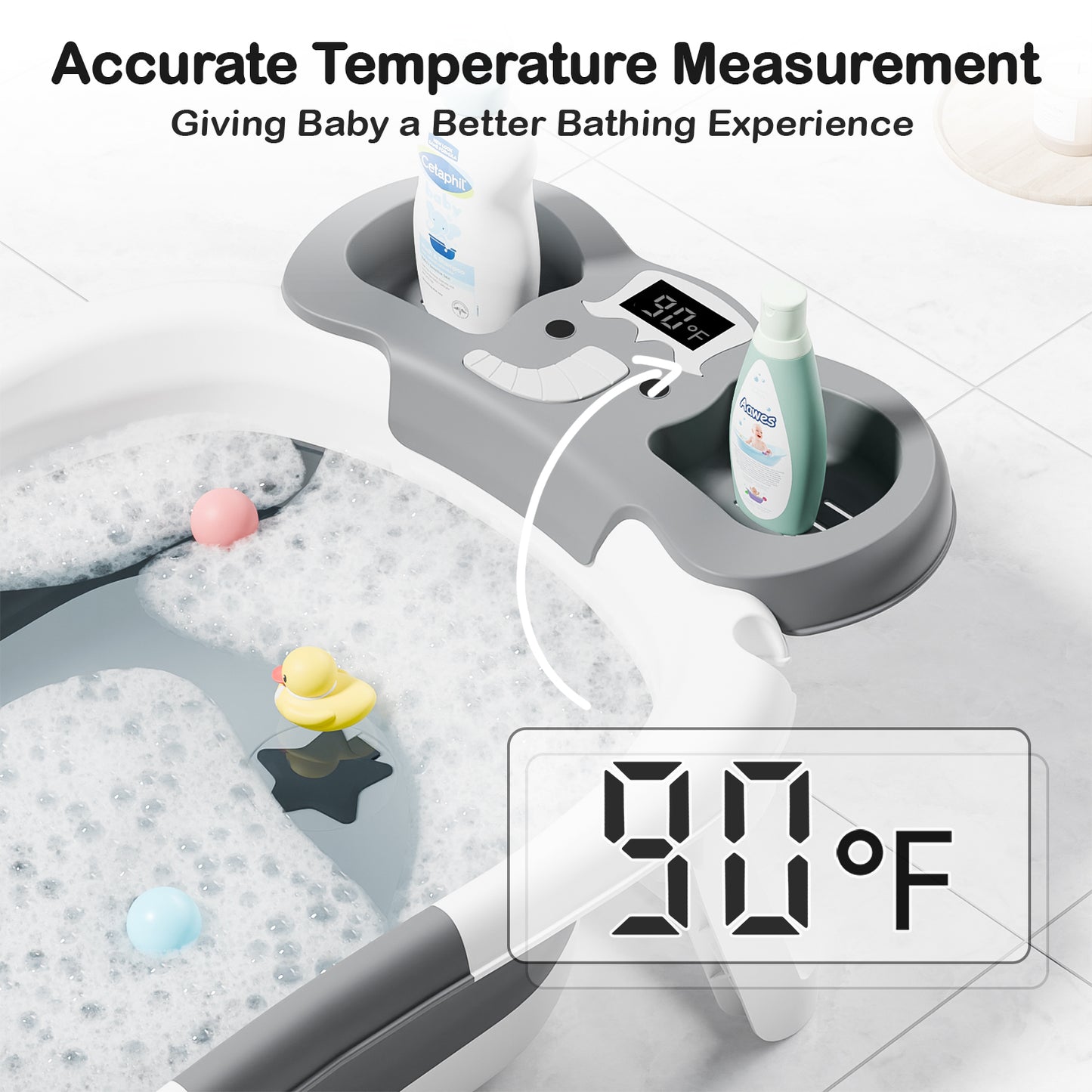 Aprpink Foldable Baby ‎Bathtub Elephant PP+TPE with Soft Cushion&Thermometer for 0-36 Months Toddler Gray