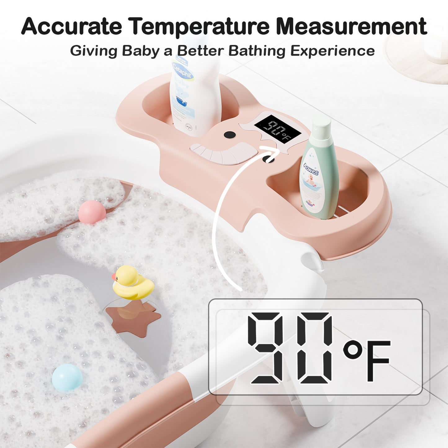 Aprpink Foldable Baby ‎Bathtub Elephant PP+TPE with Soft Cushion&Thermometer for 0-36 Months Toddler Pink